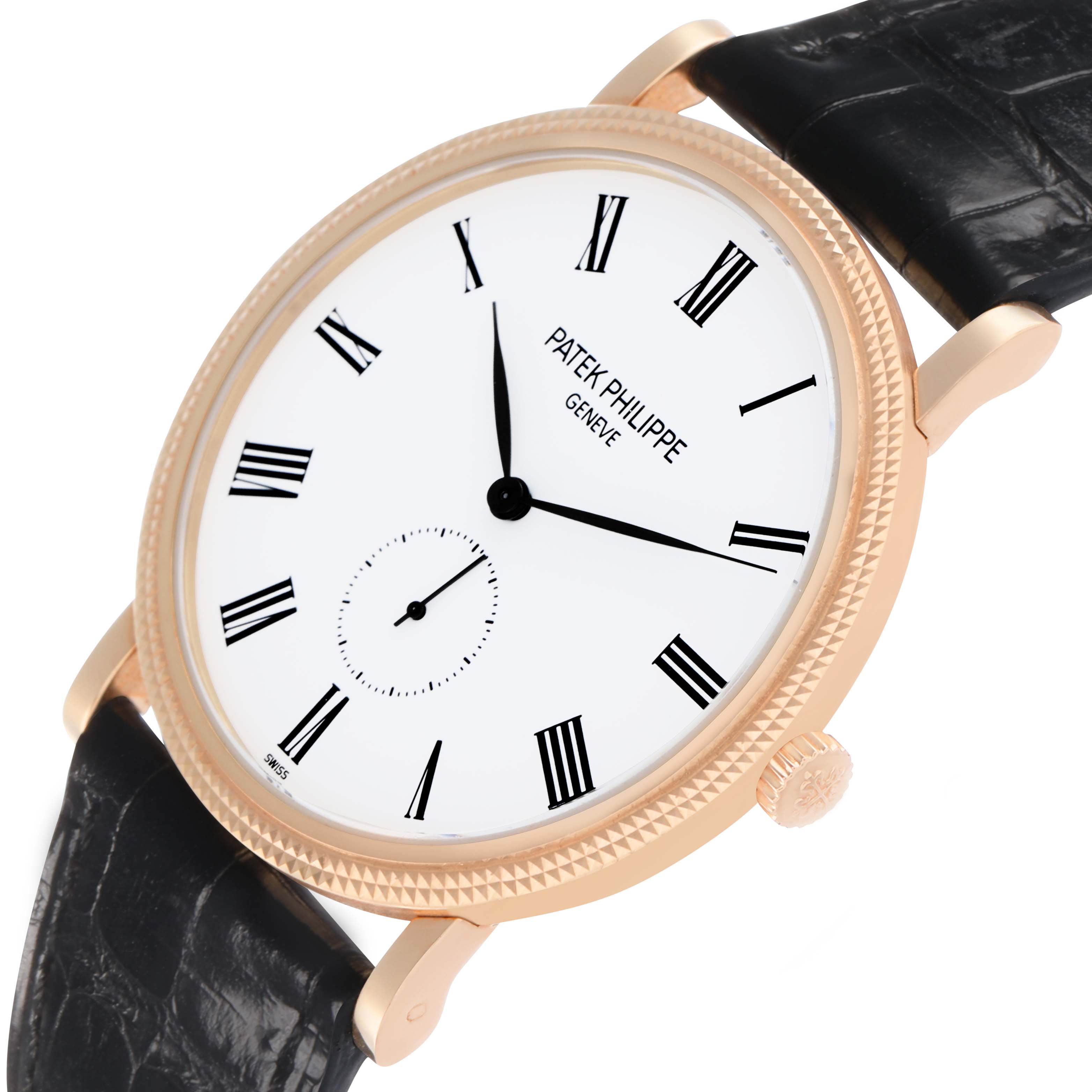 The Patek Philippe Calatrava 5119R Men's Rose Gold White Dial watch is shown at a slight angle, highlighting its face, crown, and black leather strap.