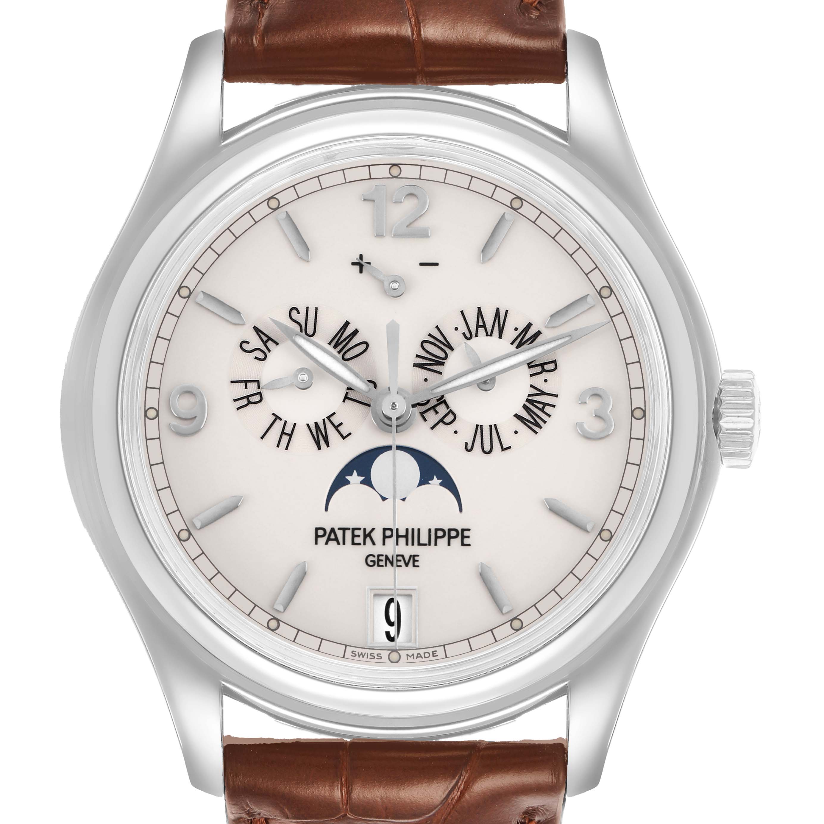 The Patek Philippe Complications 5146G-001 Men's White Gold White Dial watch is shown from the front, displaying the dial, moon phase, and calendar functions.