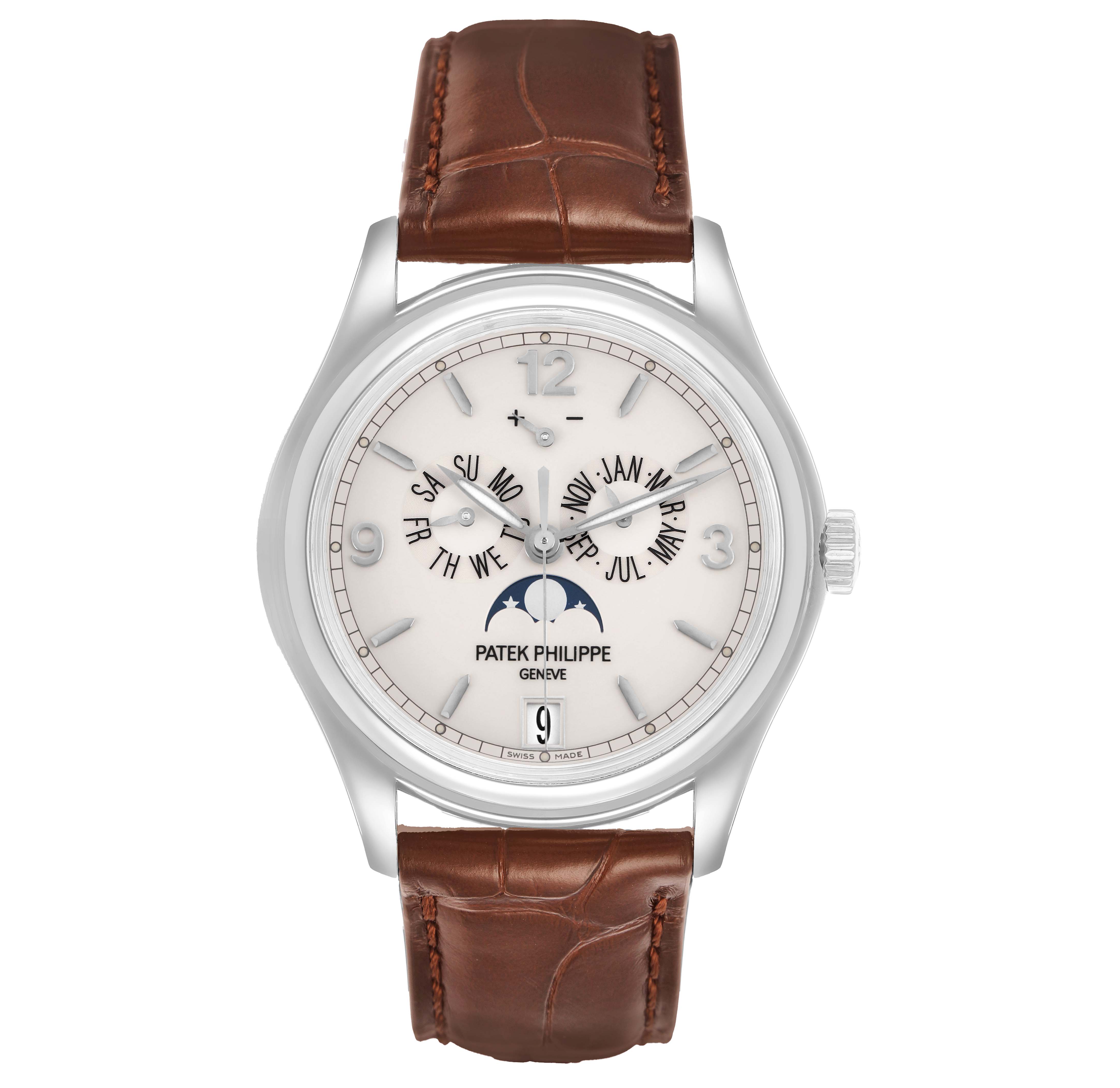 The Patek Philippe Complications 5146G-001 Men's White Gold White Dial watch is shown from a front angle, displaying the dial and brown leather strap.