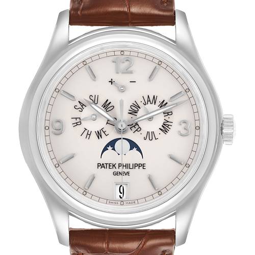 The Patek Philippe Complications 5146G-001 Men's White Gold White Dial watch is shown from the front, displaying its dial, moon phase, and leather strap.