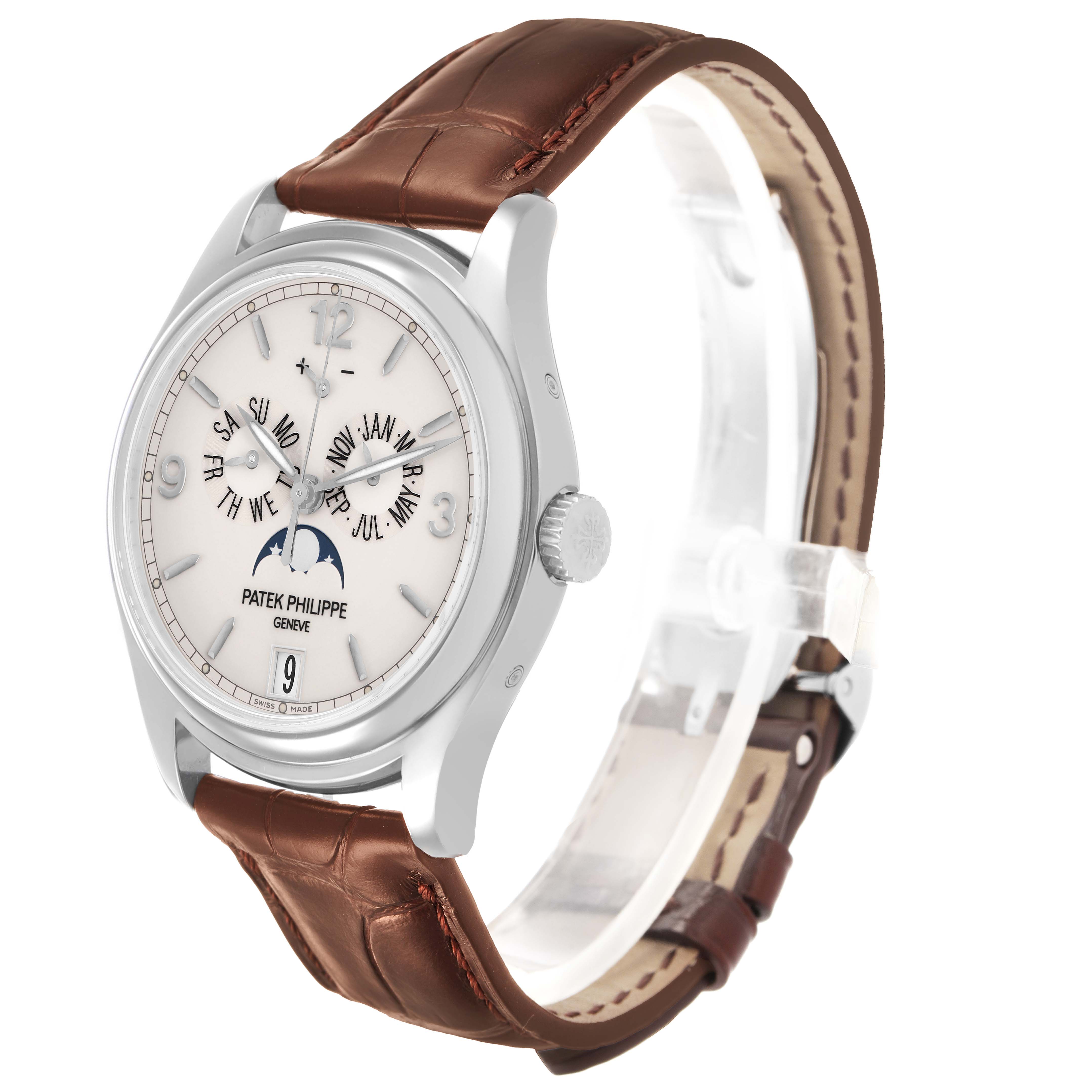 The Patek Philippe Complications 5146G-001 Men's White Gold White Dial watch is shown at a slight angle, displaying the dial, case, crown, and brown leather strap.