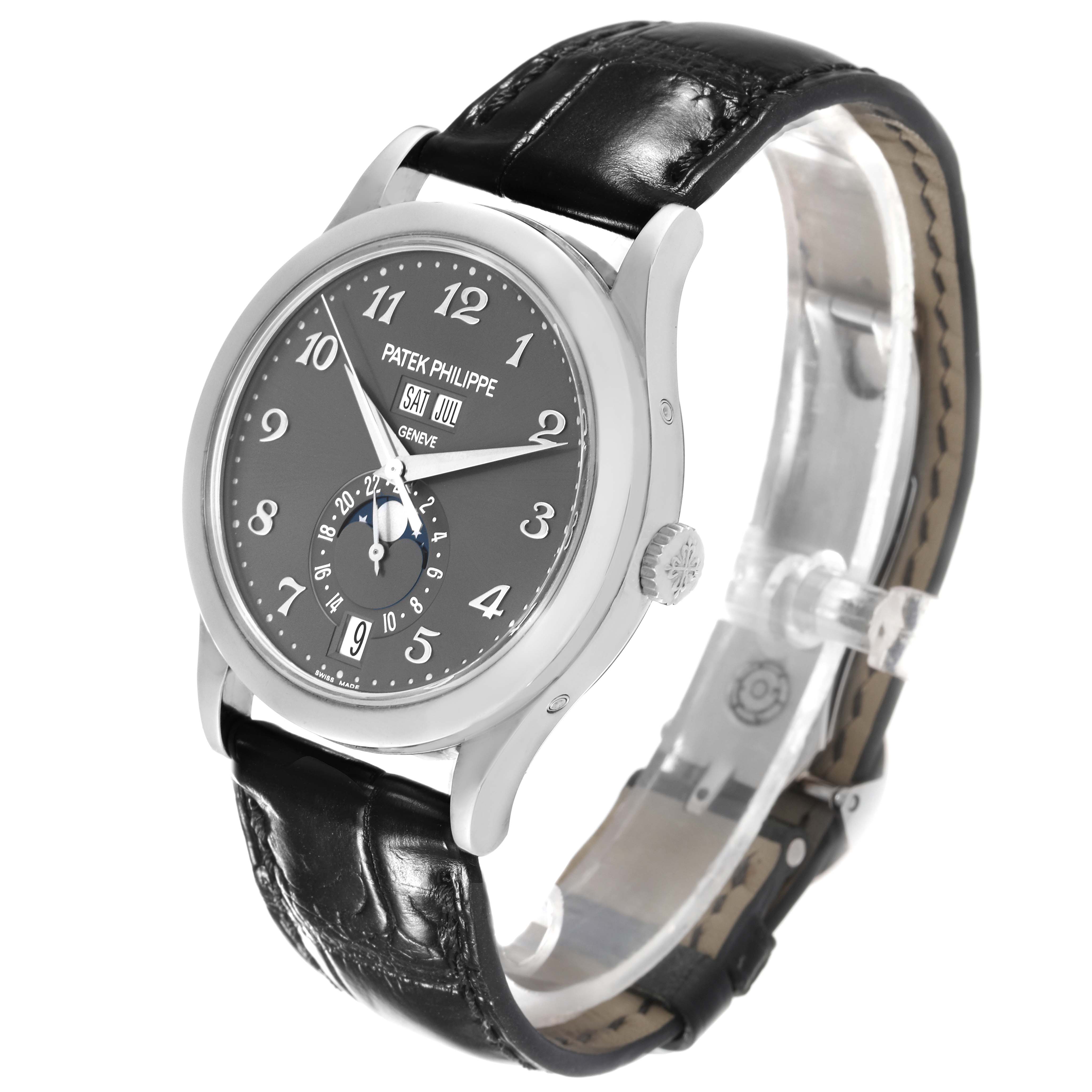 This image shows a side angle view of the Patek Philippe Complications 5396G-014 Men
s White Gold Silver Dial 5396G-014 Men
s White Gold Silver Dial model watch, highlighting its face, bezel, and strap.