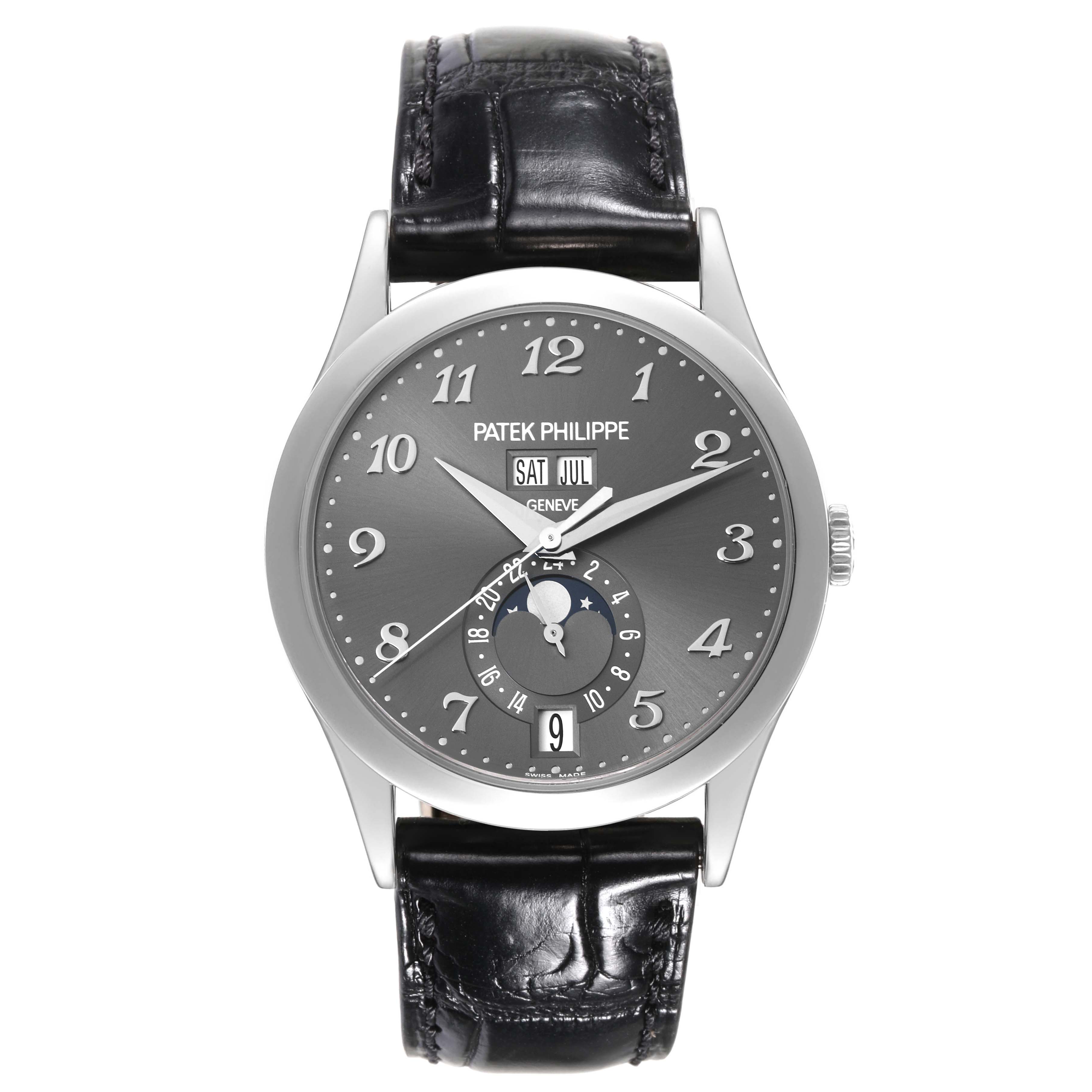 This is a straight-on view of the Patek Philippe Complications 5396G-014 Men
s White Gold Silver Dial 5396G-014 Men
s White Gold Silver Dial model watch, displaying its dial, bezel, and leather strap.