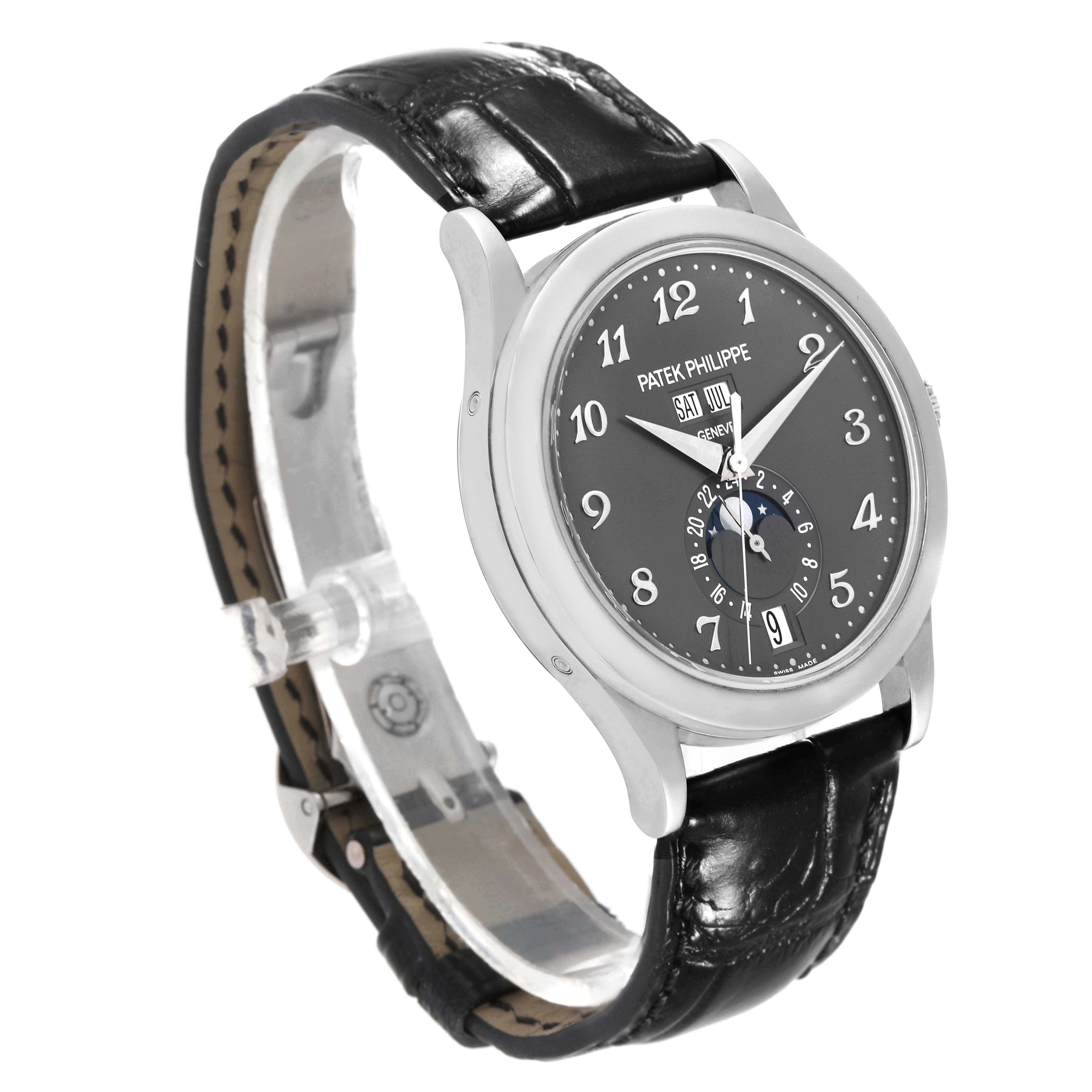 The image displays a front-angle view of the Patek Philippe Complications 5396G-014 Men
s White Gold Silver Dial 5396G-014 Men
s White Gold Silver Dial watch, showcasing its black leather strap and detailed dial.