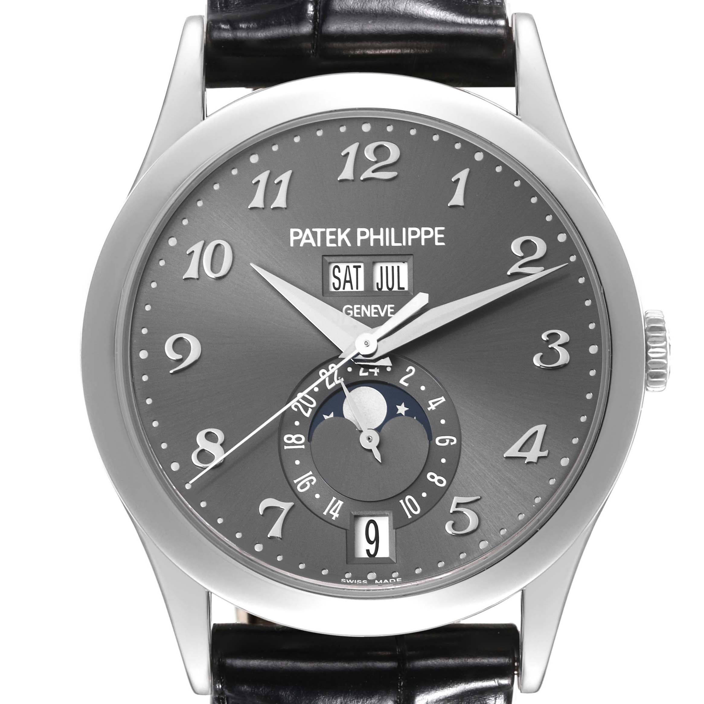 The image shows the front view of a Patek Philippe Complications 5396G-014 Men
s White Gold Silver Dial 5396G-014 Men
s White Gold Silver Dial model watch, highlighting its face with calendar and moon phase features.