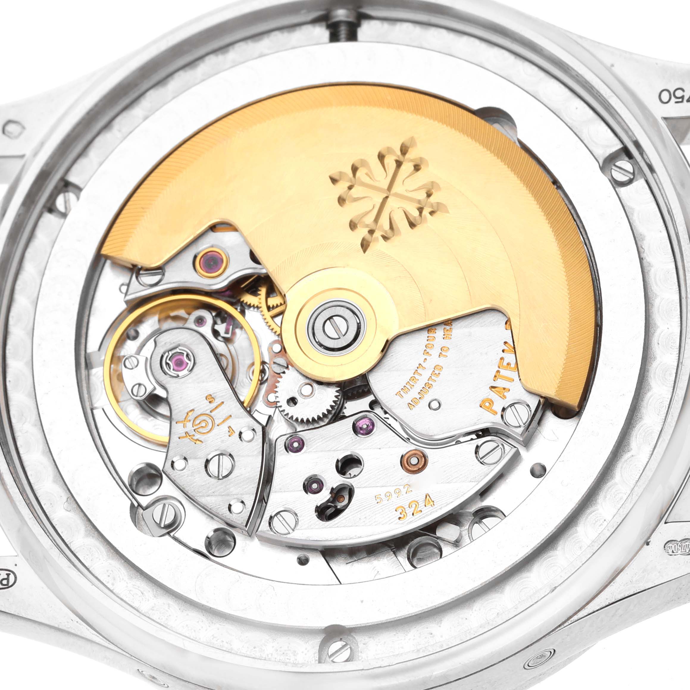 This image shows the movement and intricate mechanism of the Patek Philippe Complications 5396G-014 Men
s White Gold Silver Dial 5396G-014 Men
s White Gold Silver Dial model from the back angle.