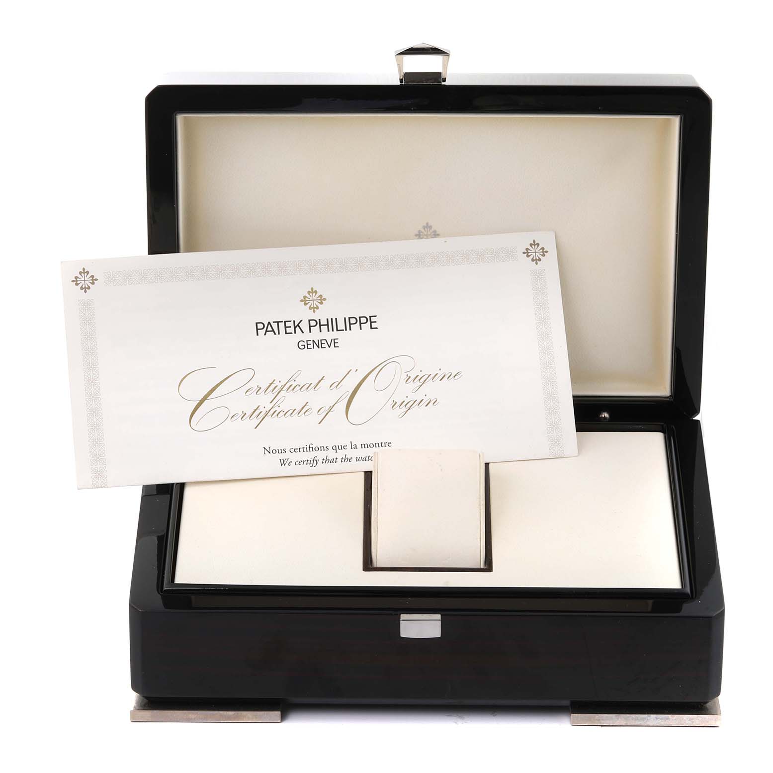 The image shows an open display box for the Patek Philippe Complications 5396G-014 Men
s White Gold Silver Dial 5396G-014 Men
s White Gold Silver Dial model and a Certificate of Origin.