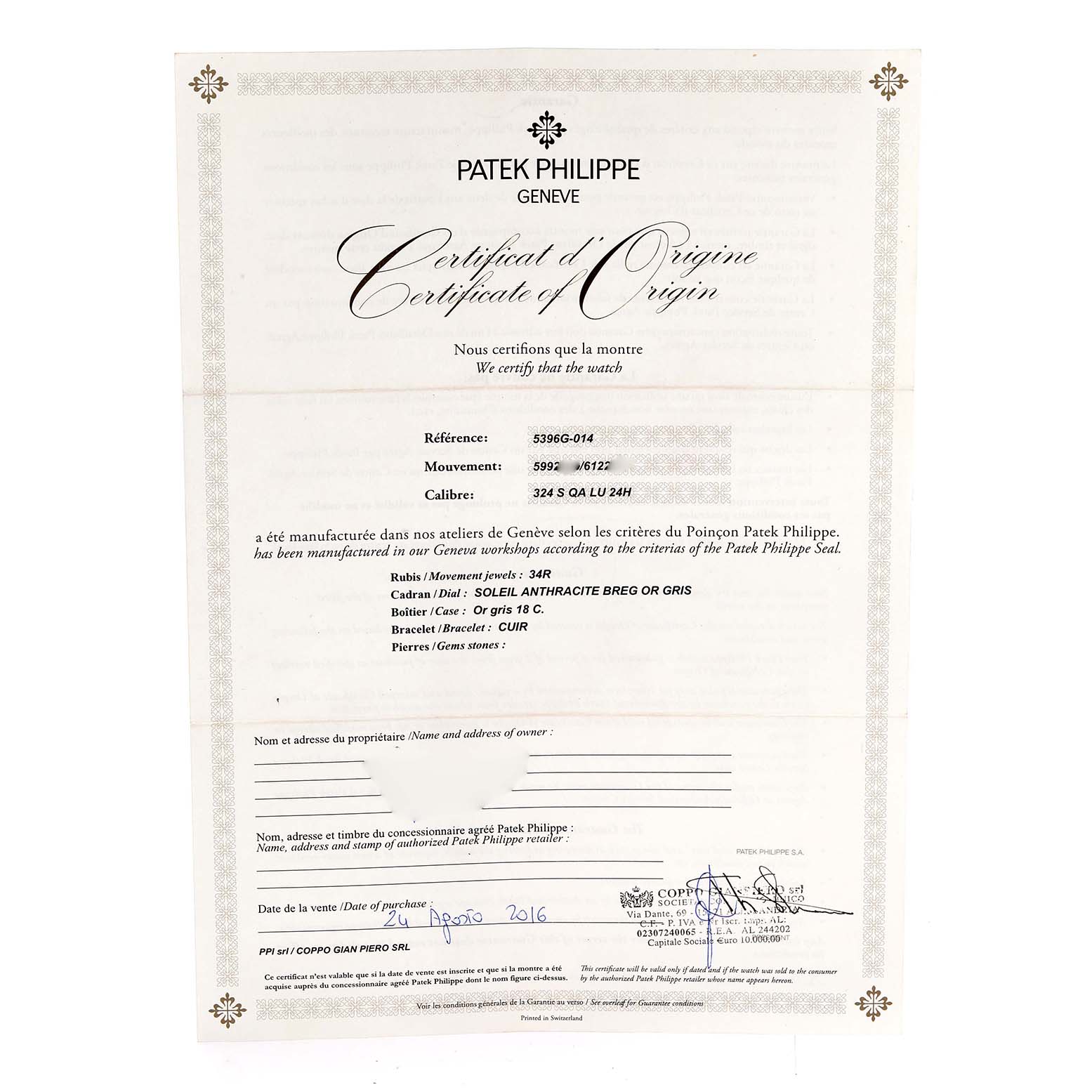 This is a top-down view of the Certificate of Origin for a Patek Philippe Complications 5396G-014 Men
s White Gold Silver Dial 5396G-014 Men
s White Gold Silver Dial model watch.