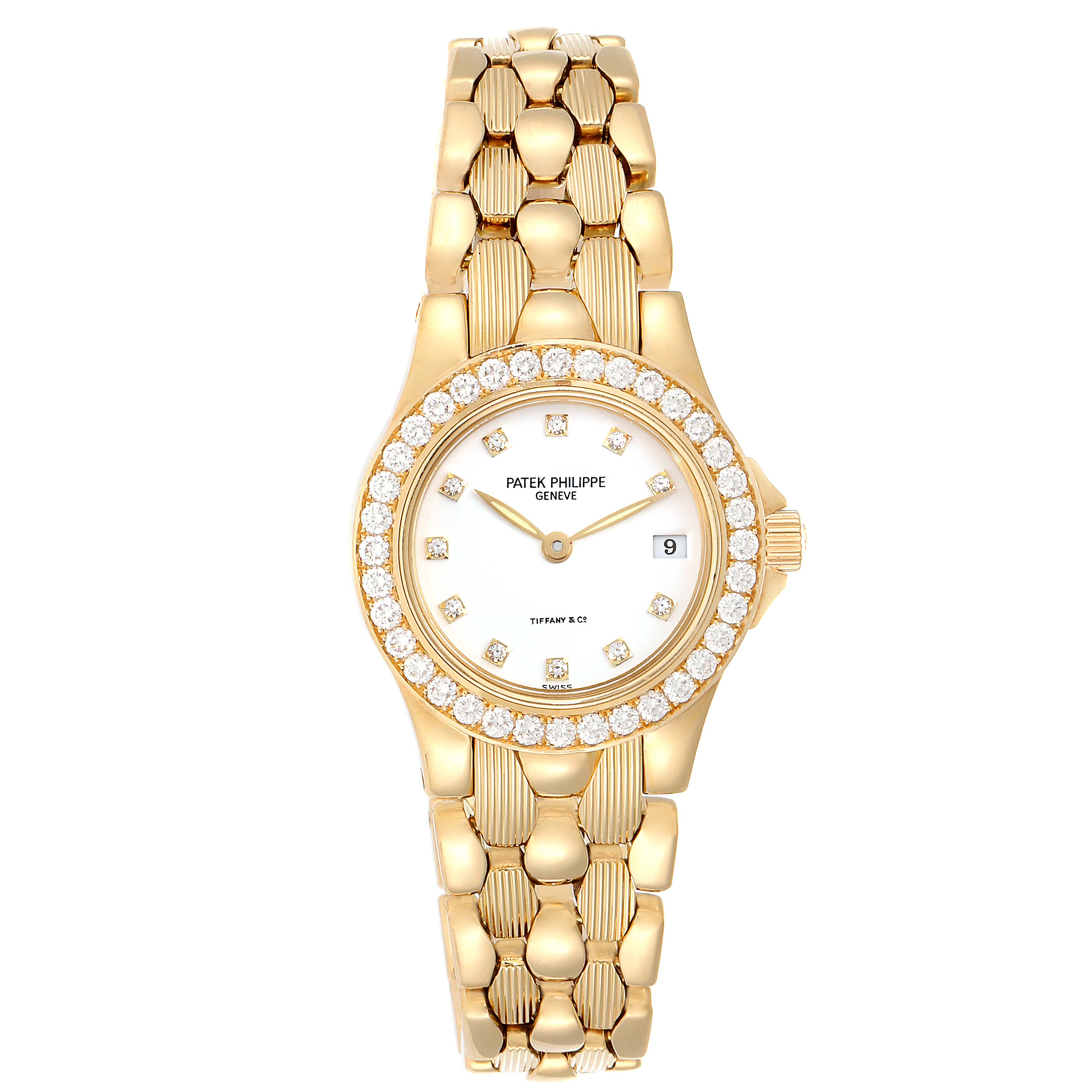 The Patek Philippe Neptune 4881--10J Women's Yellow Gold White Dial 4881--10J Women's Yellow Gold White Dial model watch is shown from a top view, displaying its face, bezel, and gold bracelet.