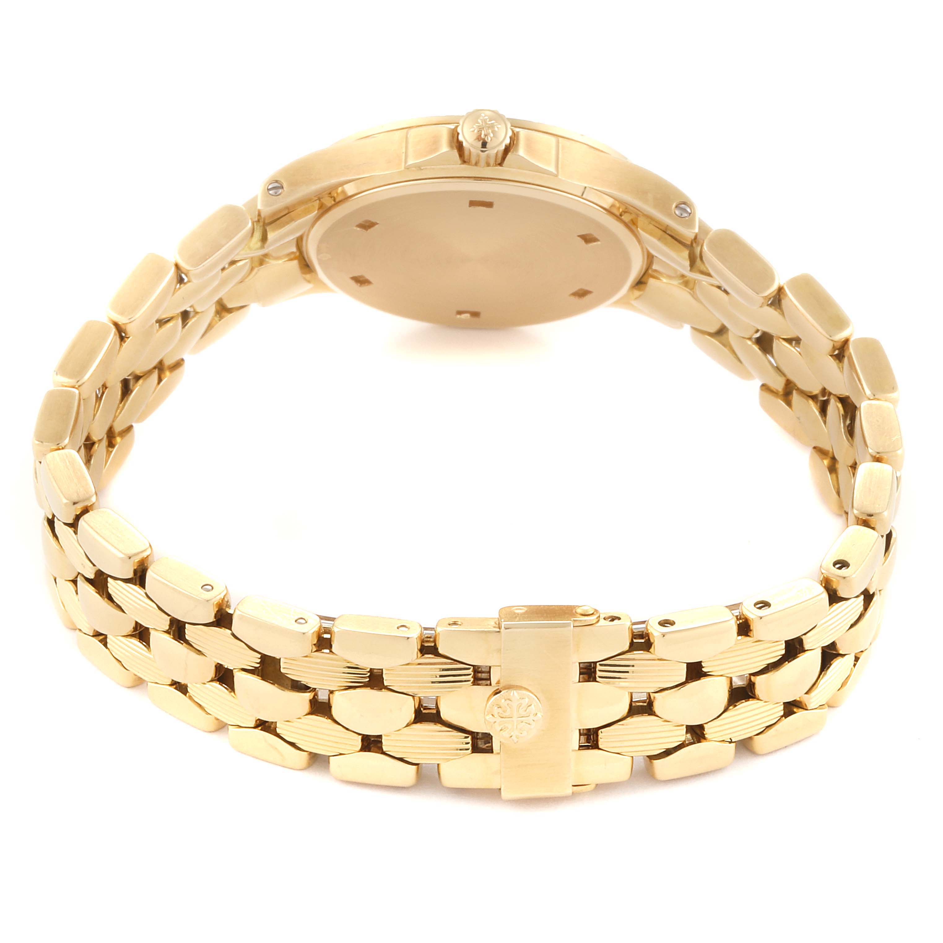 This image shows the back of the Patek Philippe Neptune 4881--10J Women's Yellow Gold White Dial 4881--10J Women's Yellow Gold White Dial model watch, highlighting its bracelet and clasp.