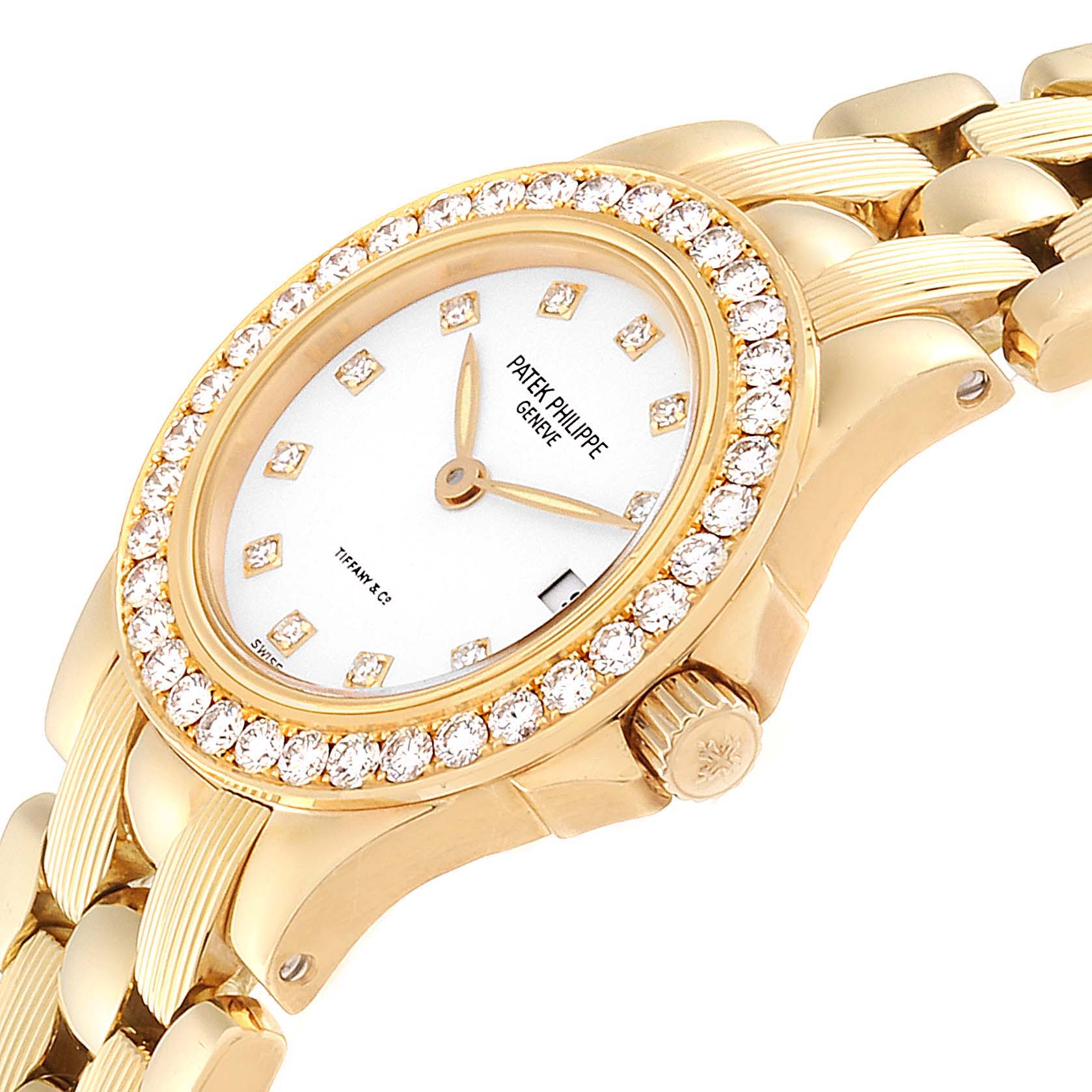 The image shows a close-up angle of the Patek Philippe Neptune 4881--10J Women's Yellow Gold White Dial 4881--10J Women's Yellow Gold White Dial model's diamond-studded bezel, dial, and partial bracelet.