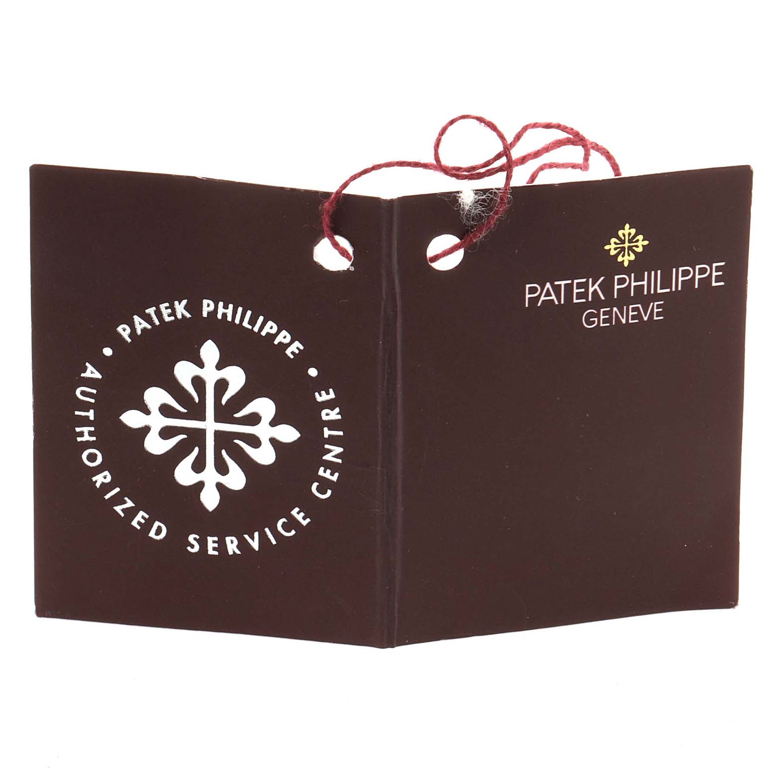 The image shows an authorized service center tag for the Patek Philippe Neptune 4881--10J Women's Yellow Gold White Dial 4881--10J Women's Yellow Gold White Dial model, featuring the brand name and logo.