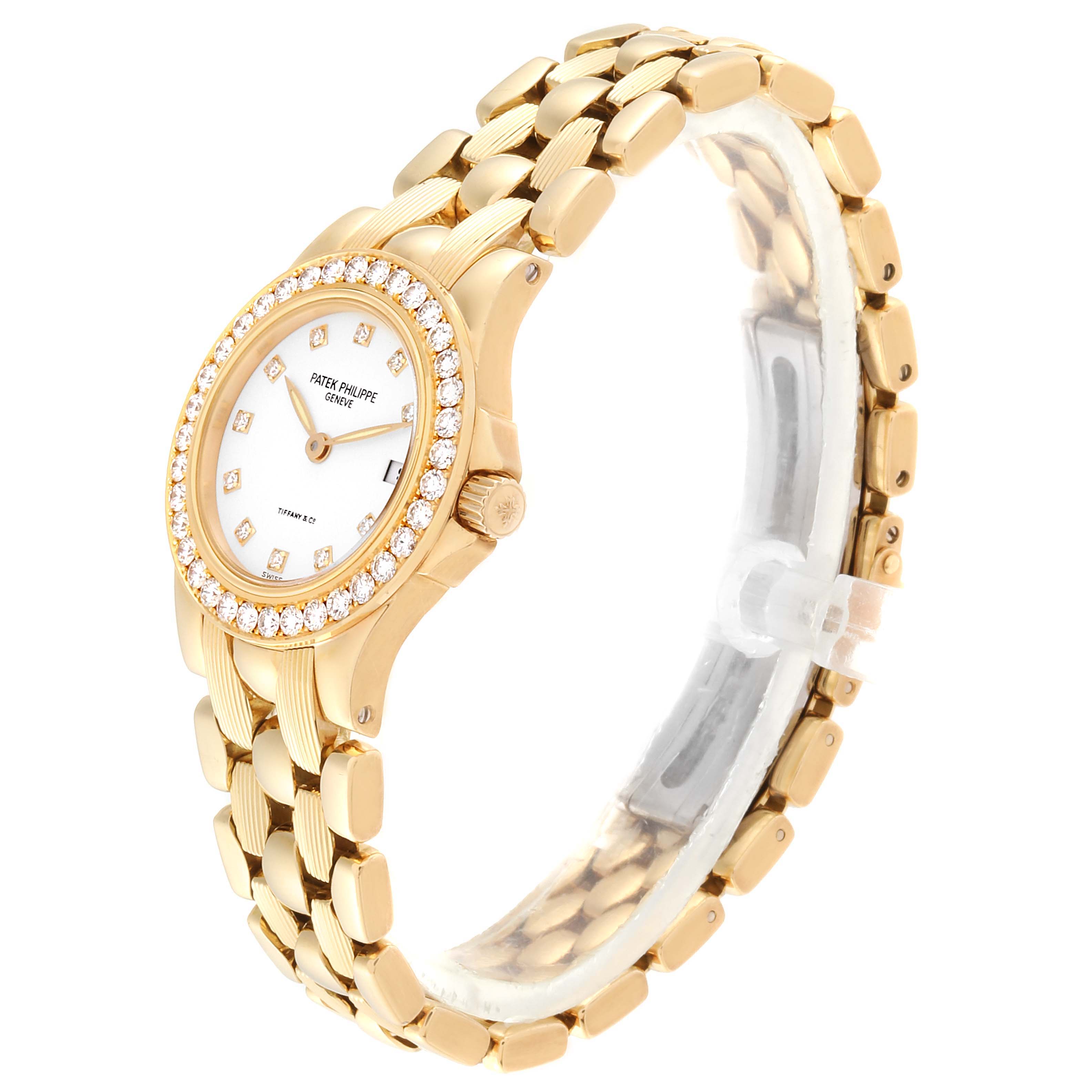 The Patek Philippe Neptune 4881--10J Women's Yellow Gold White Dial 4881--10J Women's Yellow Gold White Dial model watch is shown from a slight angle, highlighting the face, bezel, crown, and linked bracelet.
