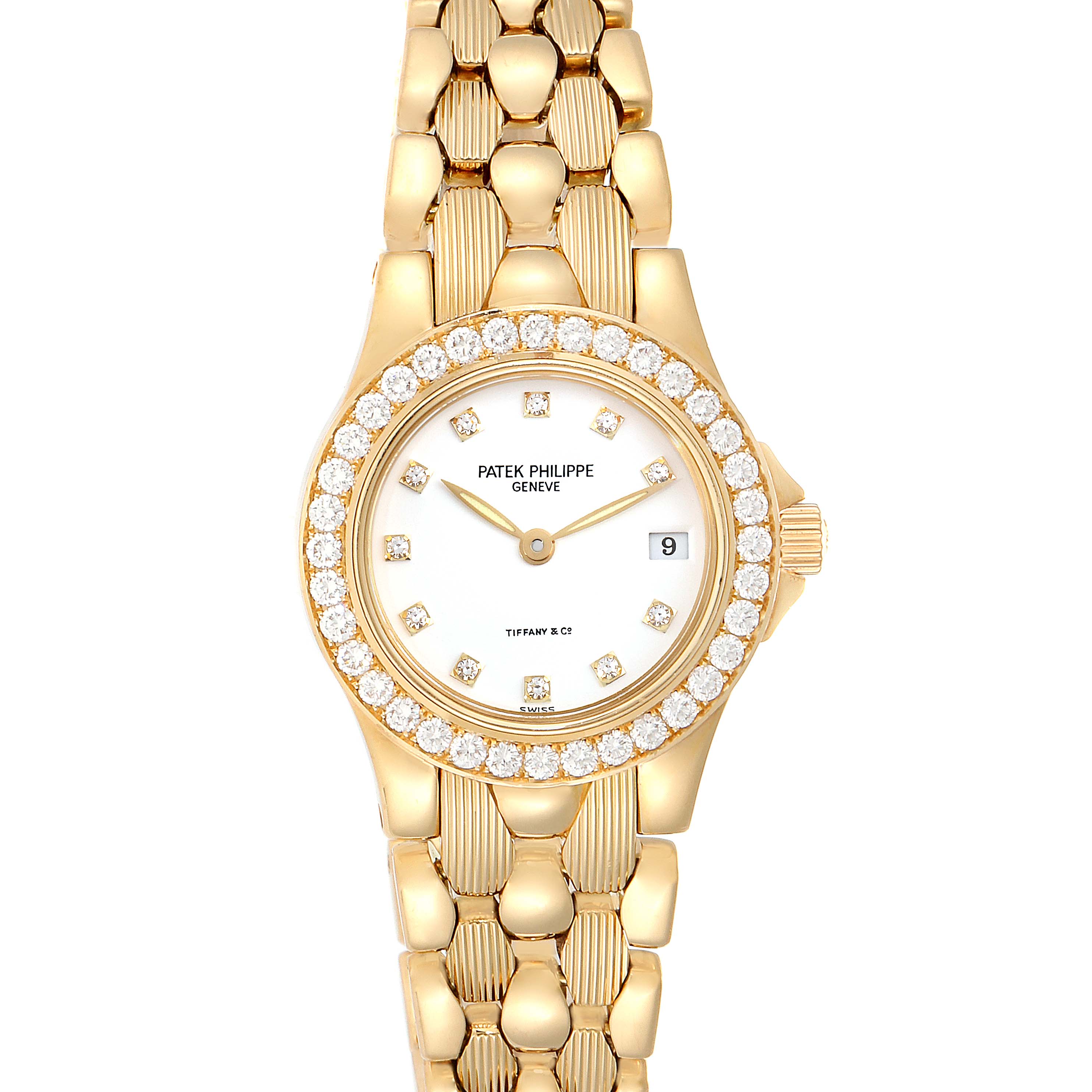 This image shows a frontal view of the Patek Philippe Neptune 4881--10J Women's Yellow Gold White Dial 4881--10J Women's Yellow Gold White Dial model watch, highlighting the dial, bezel, and bracelet.