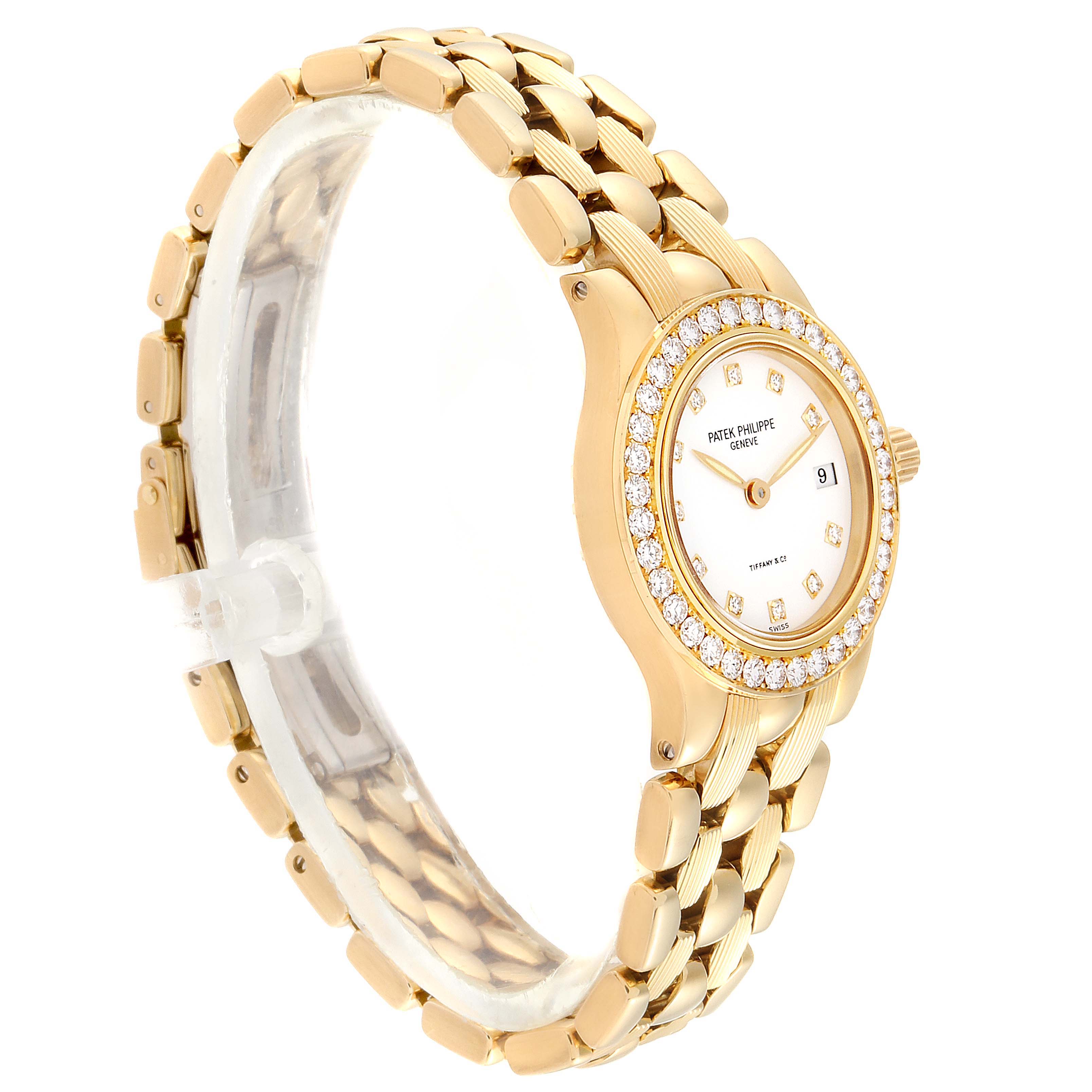 The image shows a side angle of a Patek Philippe Neptune 4881--10J Women's Yellow Gold White Dial 4881--10J Women's Yellow Gold White Dial model watch, highlighting its gold band and diamond-encrusted bezel.