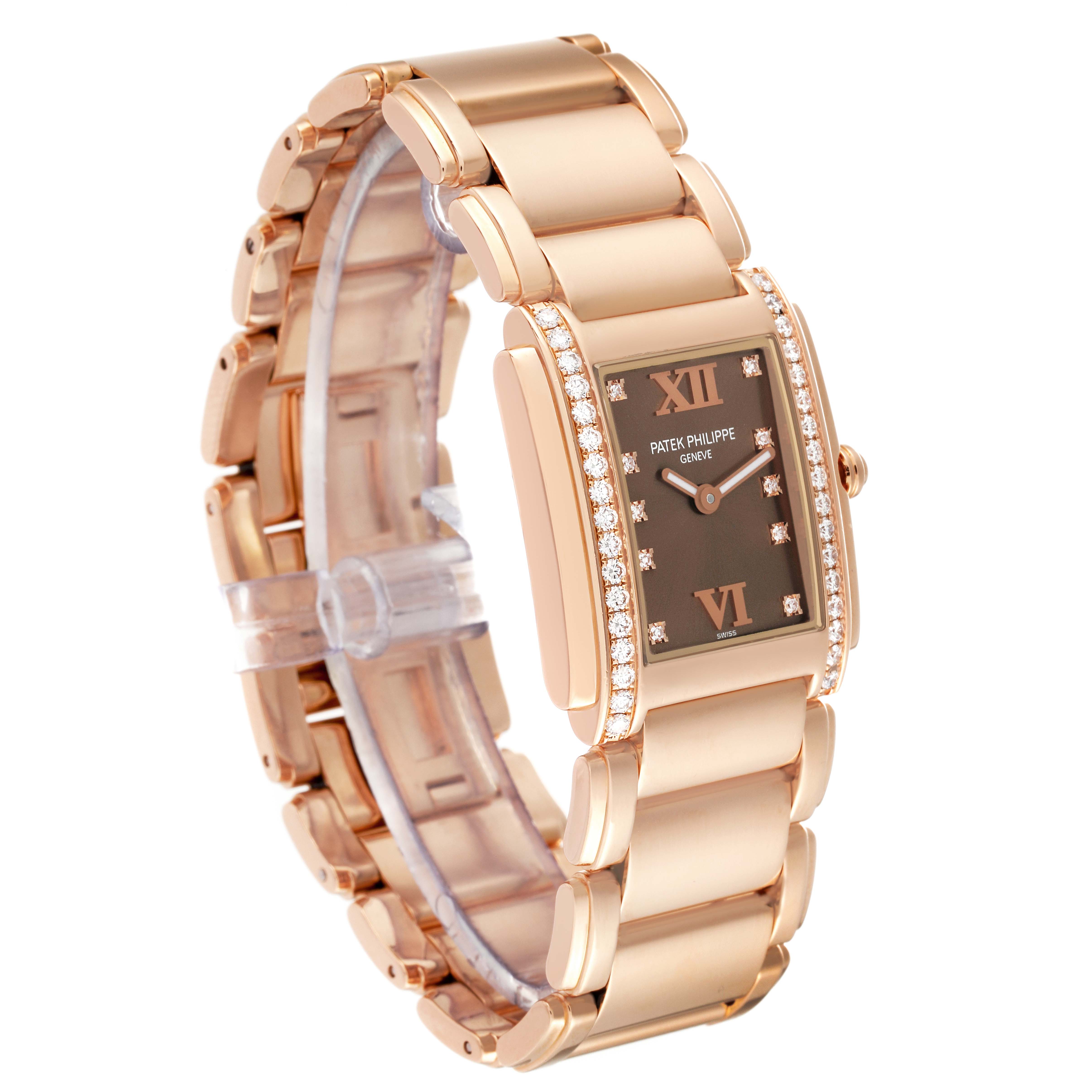 The image shows a Patek Philippe Twenty-4 4910/11R Women's Rose Gold Brown Dial 4910/11R Women's Rose Gold Brown Dial watch at a three-quarter angle, highlighting its strap and diamond-studded bezel.