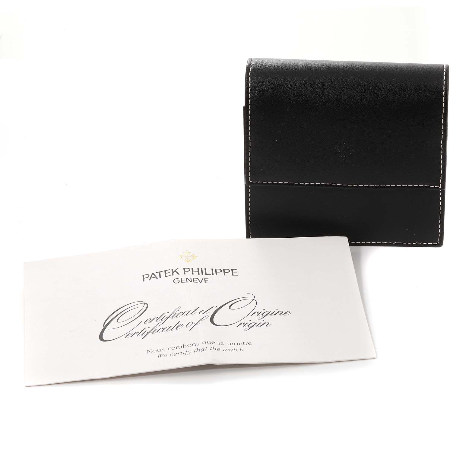 The image shows a black leather case and a Certificate of Origin for the Patek Philippe Twenty-4 4910/11R Women's Rose Gold Brown Dial 4910/11R Women's Rose Gold Brown Dial model.