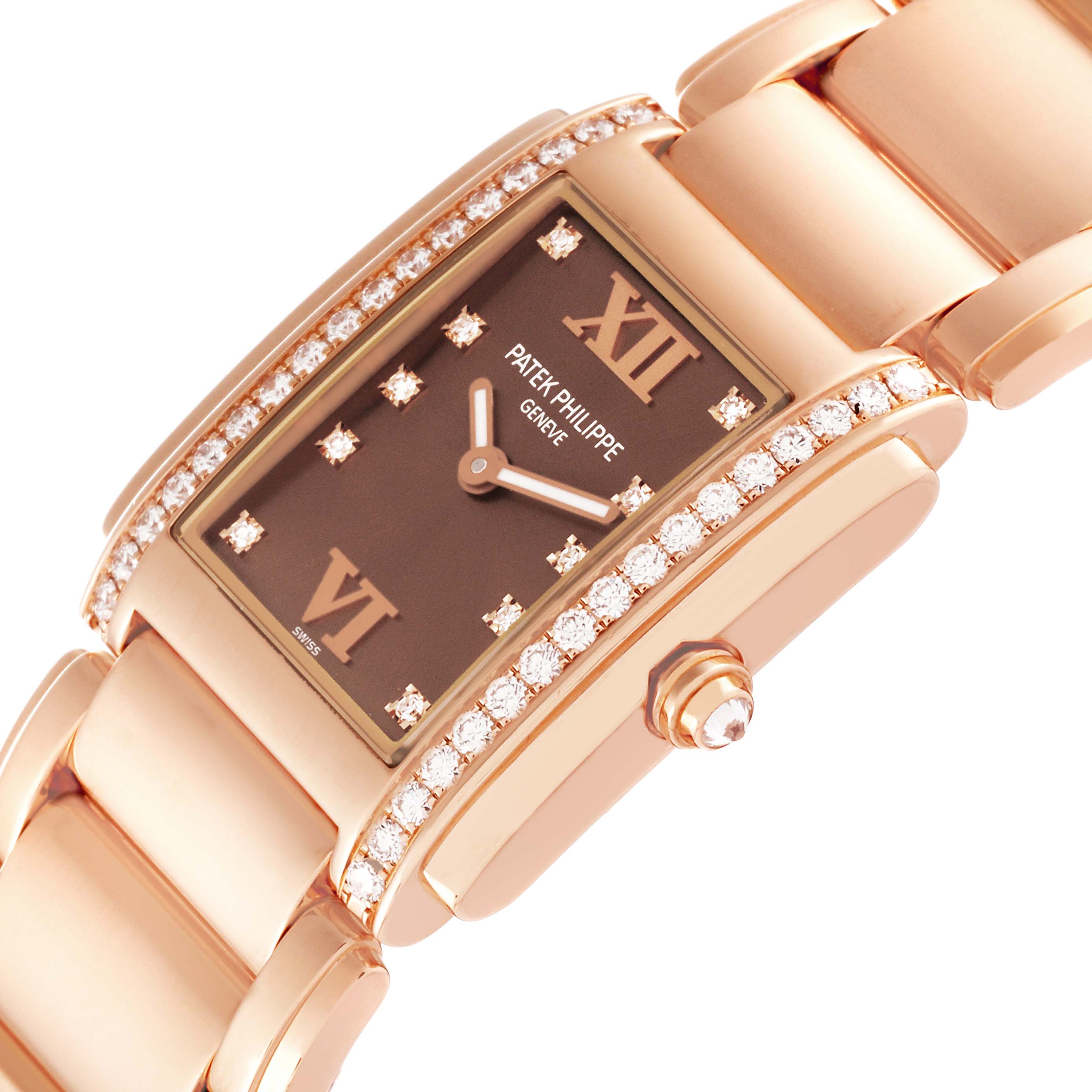 The image shows a close-up angled view of the face, bezel with diamonds, and part of the bracelet of the Patek Philippe Twenty-4 4910/11R Women's Rose Gold Brown Dial 4910/11R Women's Rose Gold Brown Dial watch.