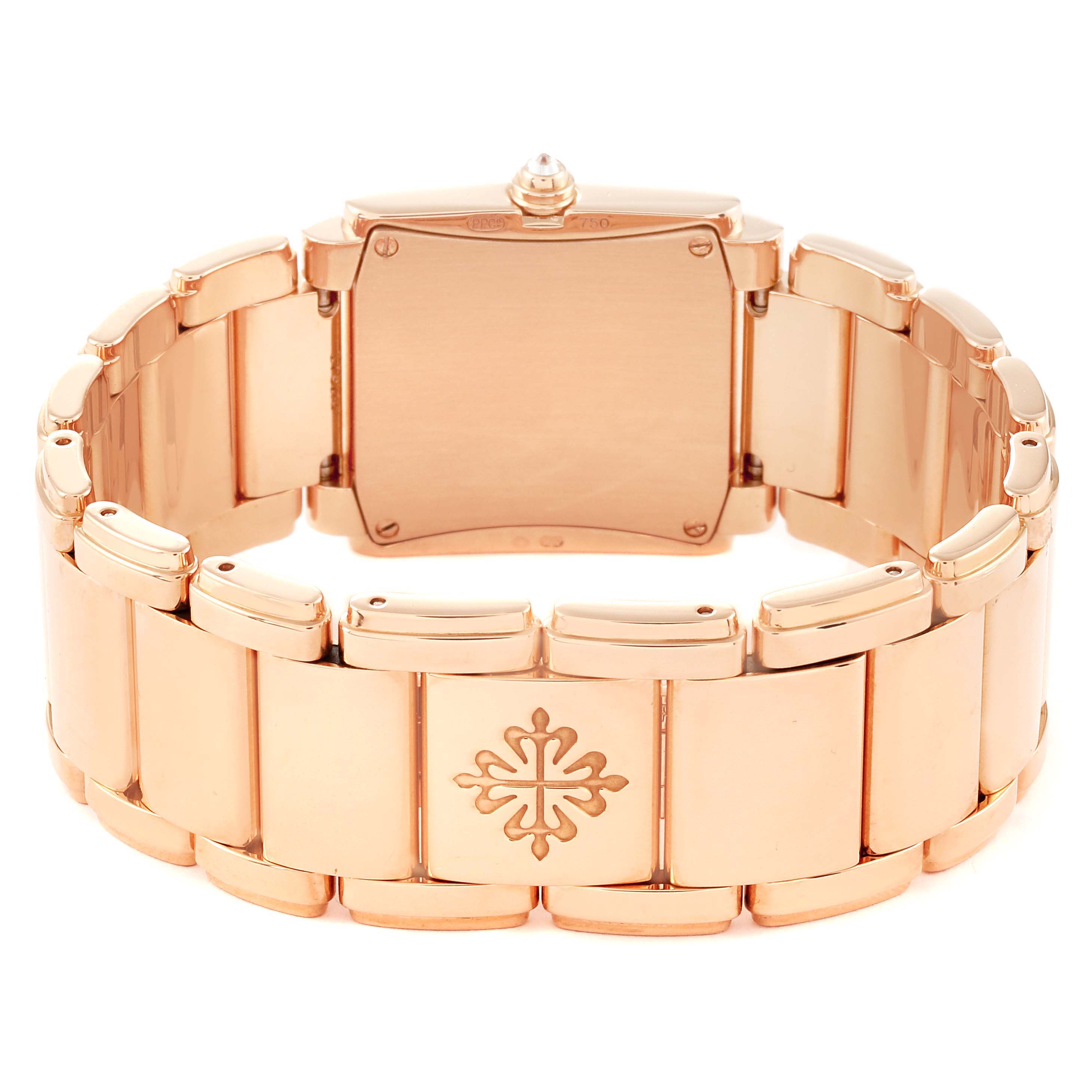 The image shows the back view of the rose gold bracelet and case of the Patek Philippe Twenty-4 4910/11R Women's Rose Gold Brown Dial 4910/11R Women's Rose Gold Brown Dial watch.