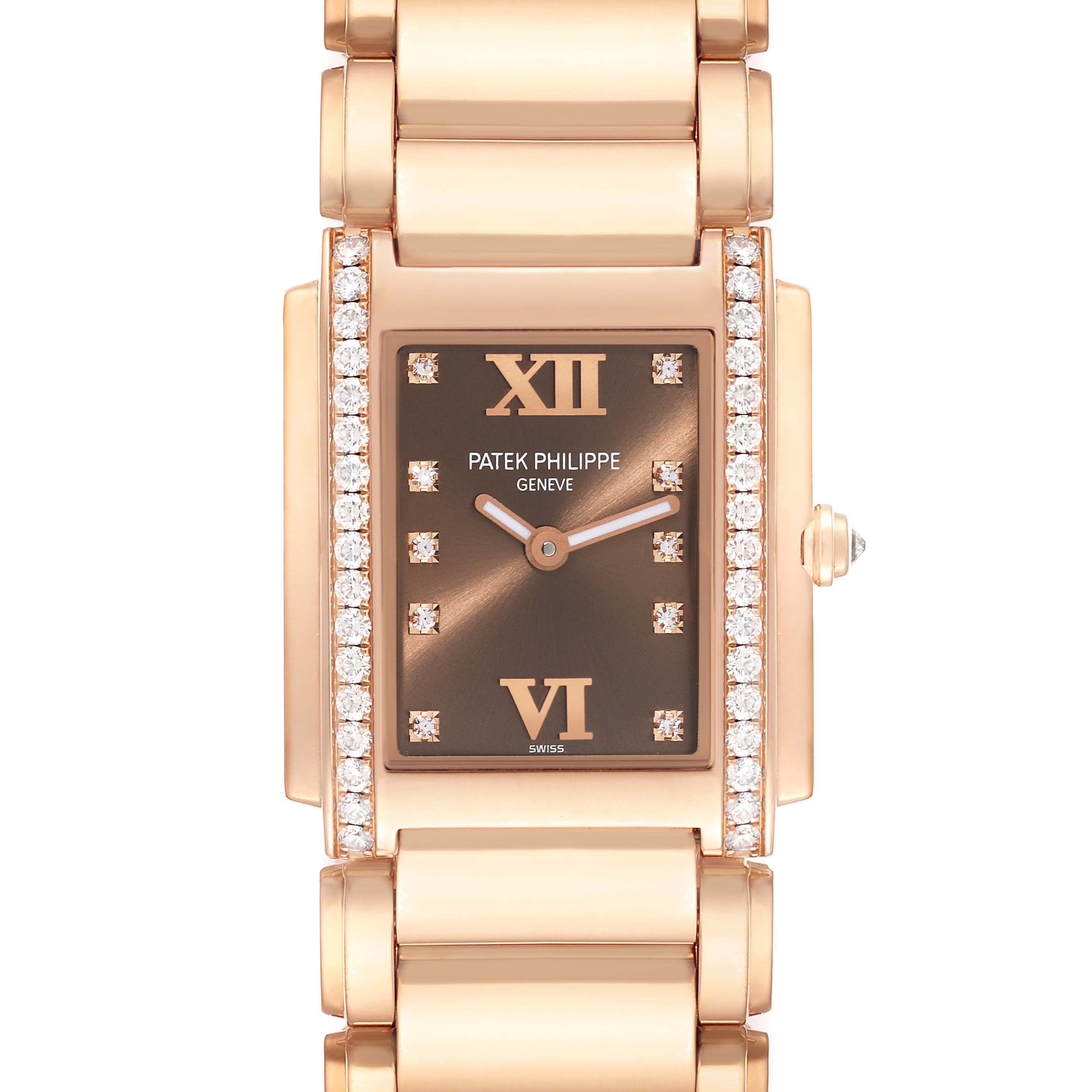The image shows a front view of the Patek Philippe Twenty-4 4910/11R Women's Rose Gold Brown Dial 4910/11R Women's Rose Gold Brown Dial model, displaying its rectangular face, dial, and bracelet.