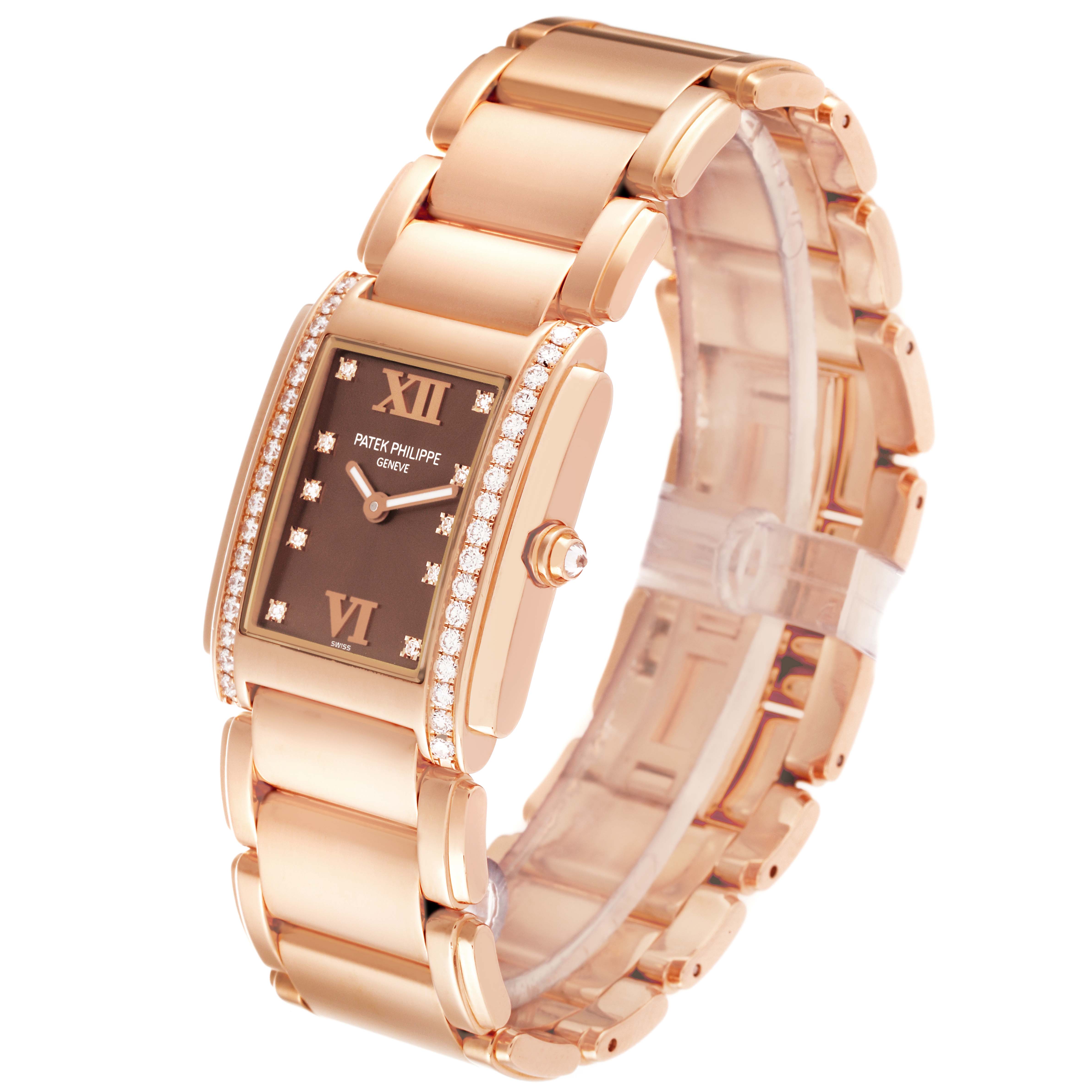 The image shows a Patek Philippe Twenty-4 4910/11R Women's Rose Gold Brown Dial 4910/11R Women's Rose Gold Brown Dial watch from a tilted side angle, displaying its face, bezel, crown, and bracelet.