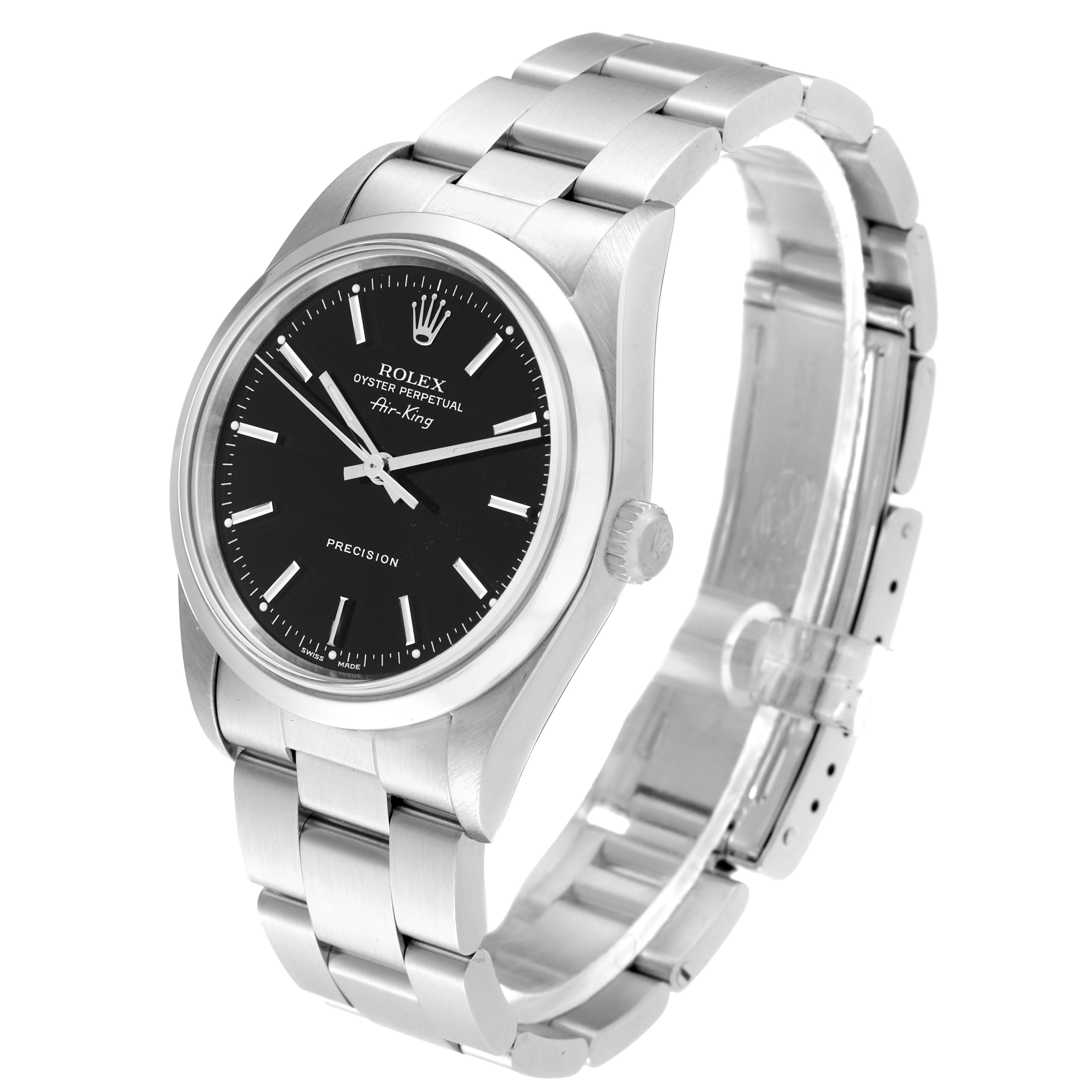 The Rolex Air-King 14000 Men's Stainless Steel Black Dial 14000 Men's Stainless Steel Black Dial watch is shown at an oblique angle, highlighting its black dial, case, crown, and stainless steel bracelet.