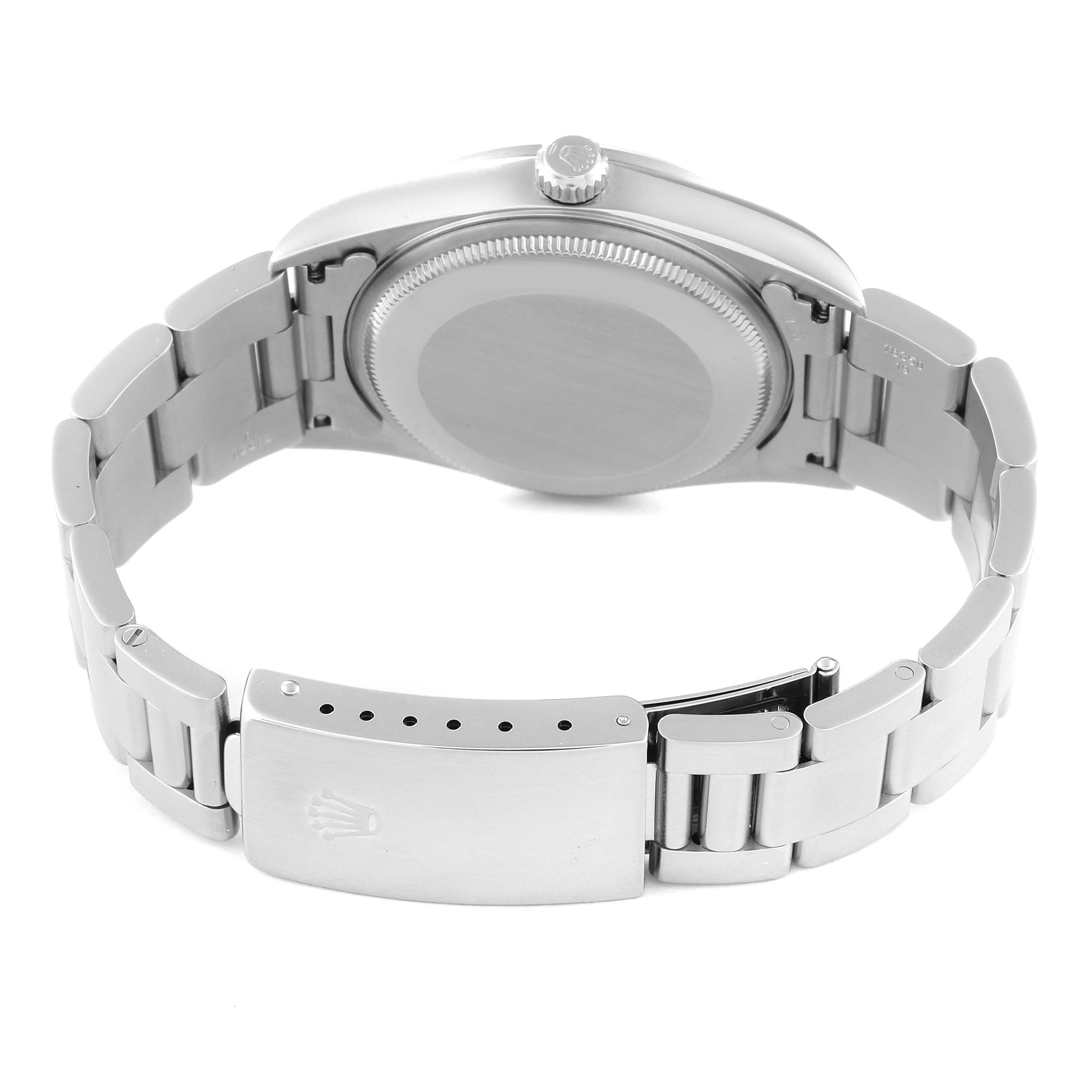 The image shows the back view of a Rolex Air-King 14000 Men's Stainless Steel Black Dial 14000 Men's Stainless Steel Black Dial watch, highlighting the case back, crown, and bracelet with the clasp.