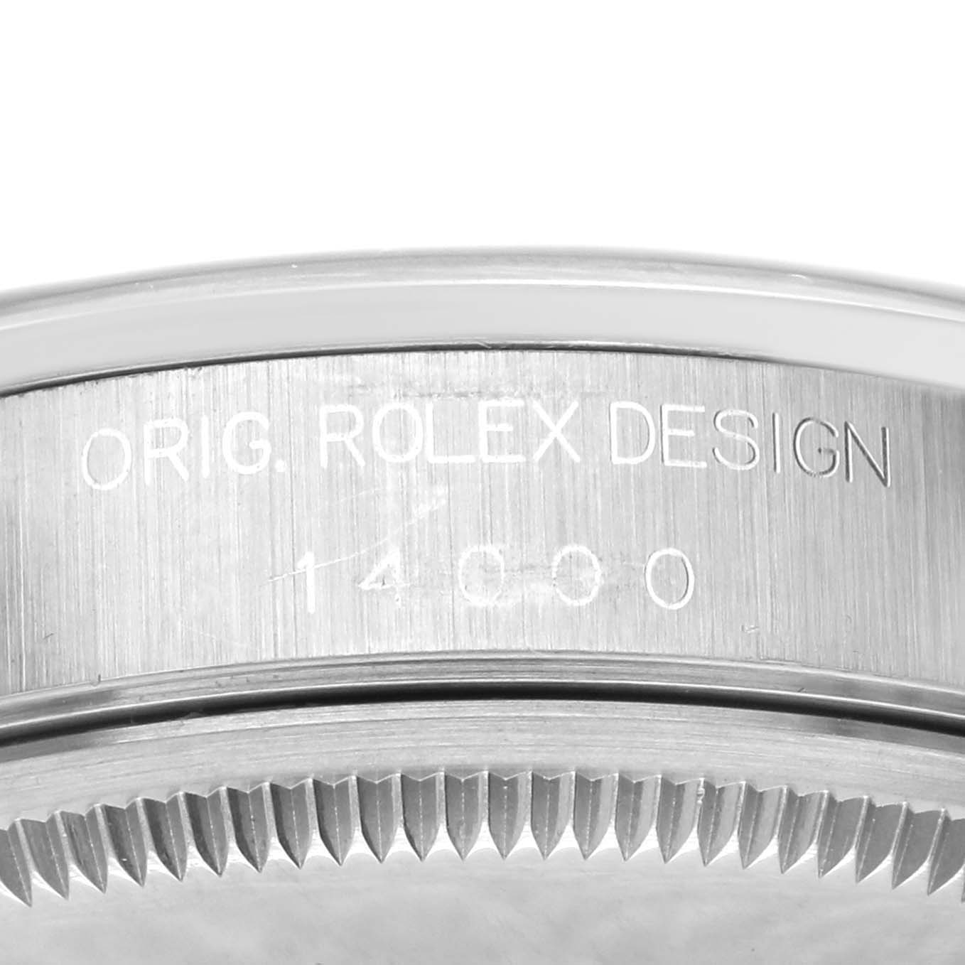 The image shows the side view of a Rolex Air-King 14000 Men's Stainless Steel Black Dial 14000 Men's Stainless Steel Black Dial watch case, highlighting the engraved text and part of the bezel.