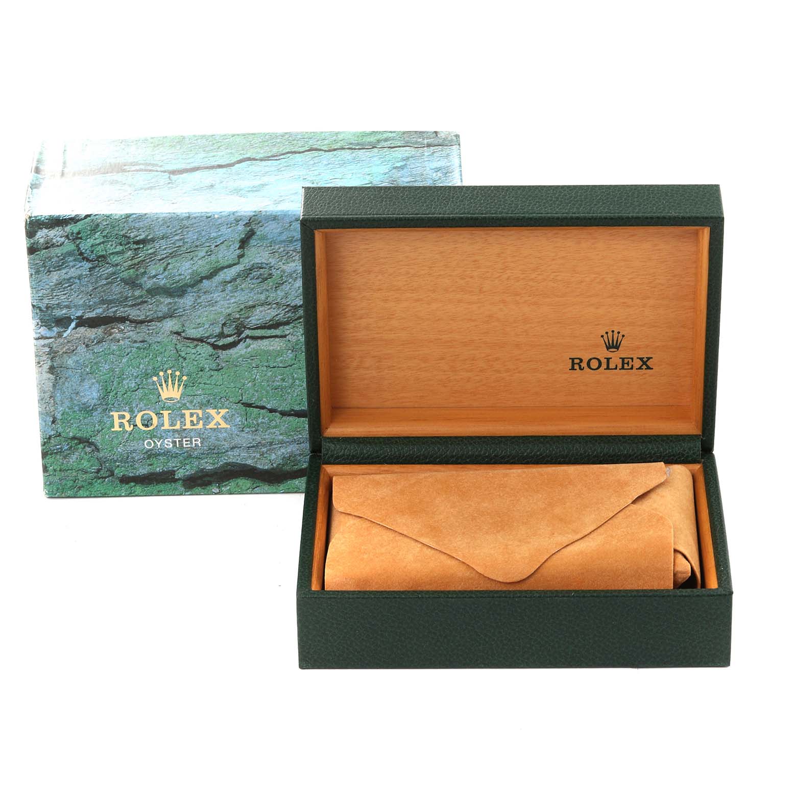 The image shows an open Rolex box with the outer green box and an inner leather pouch, but the Air-King watch is not visible.