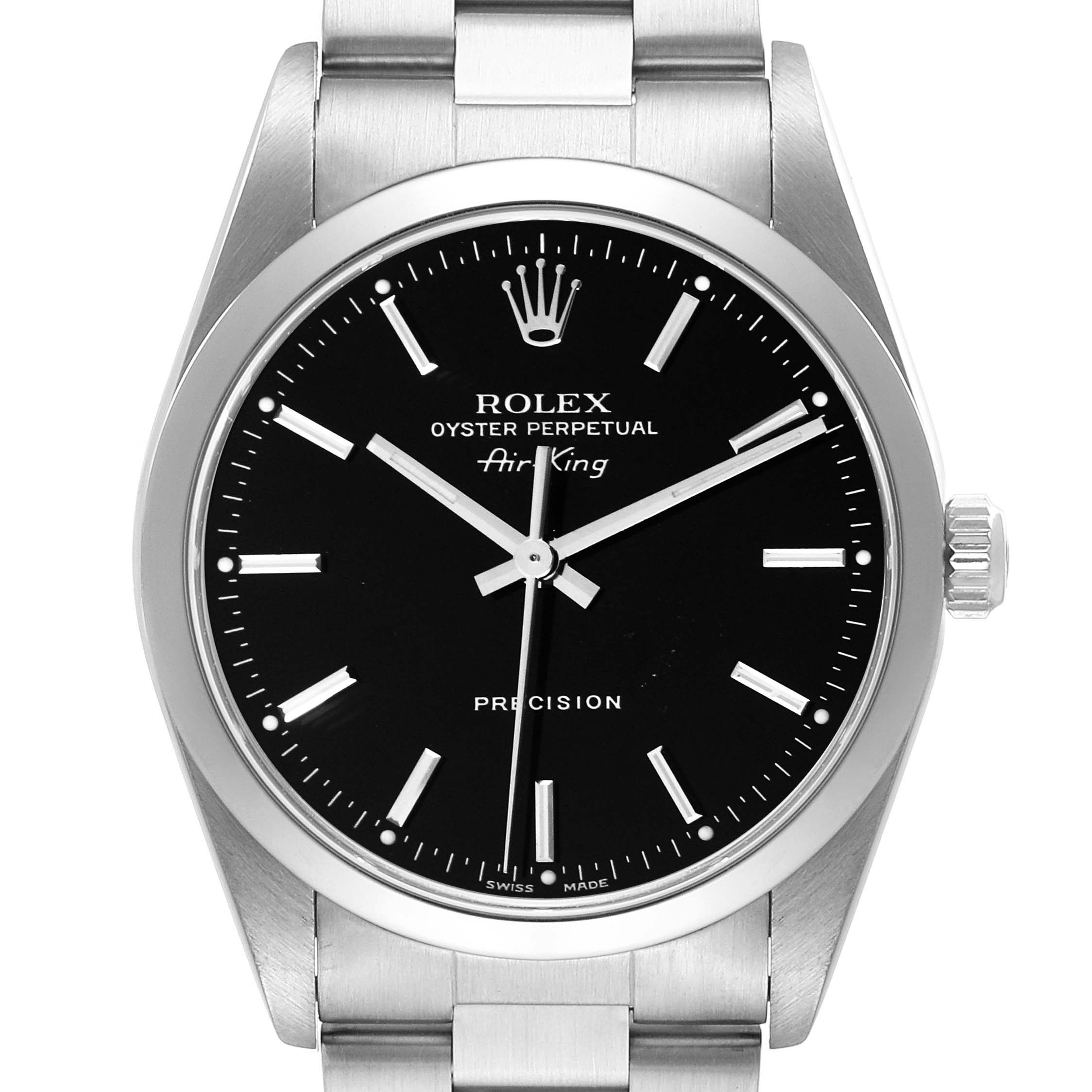 This image shows a front view of a Rolex Air-King 14000 Men's Stainless Steel Black Dial 14000 Men's Stainless Steel Black Dial watch, highlighting its black dial, markers, and stainless steel bracelet.
