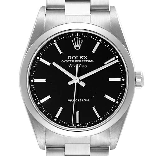 This image shows the Rolex Air-King watch from a front angle, with its stainless steel case, black dial, and bracelet clearly visible.