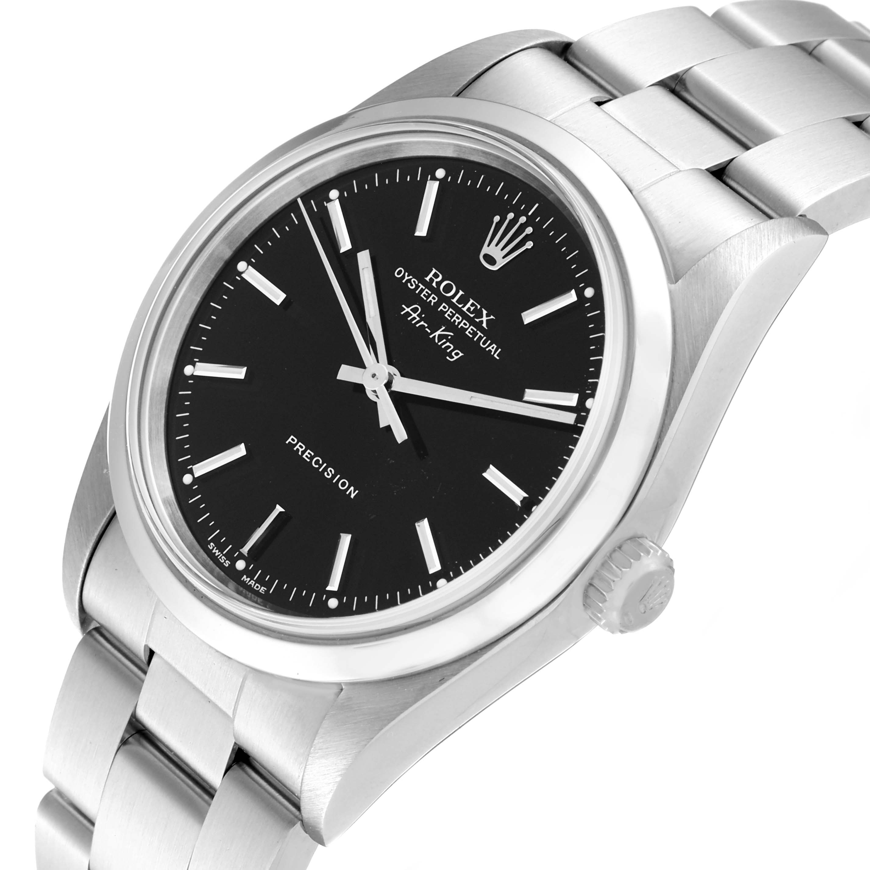 The image shows the Rolex Air-King 14000 Men's Stainless Steel Black Dial 14000 Men's Stainless Steel Black Dial watch at a slight angle, highlighting the dial, bezel, and bracelet.