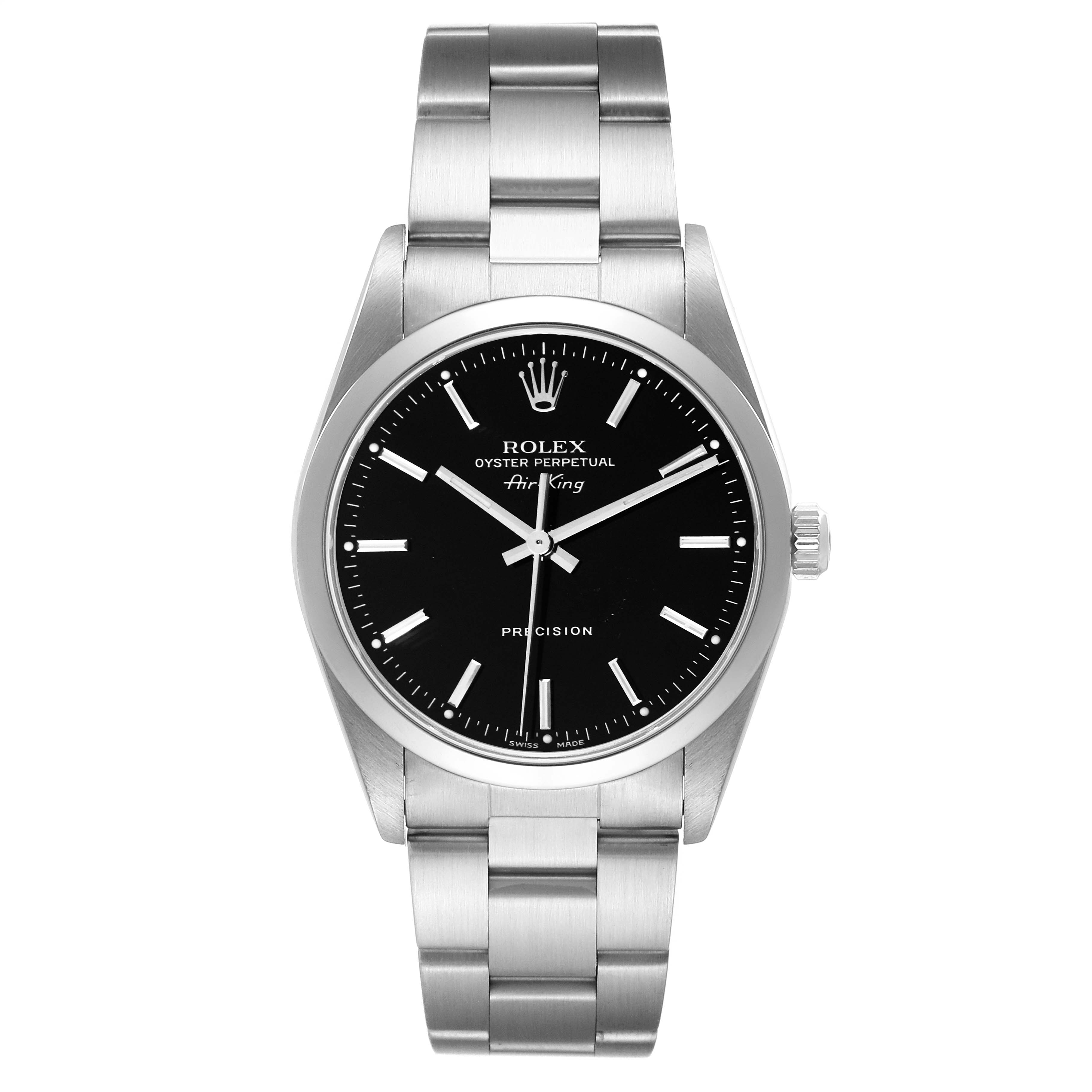 The image shows a front view of a Rolex Air-King 14000 Men's Stainless Steel Black Dial 14000 Men's Stainless Steel Black Dial watch, displaying its face, bezel, and bracelet.
