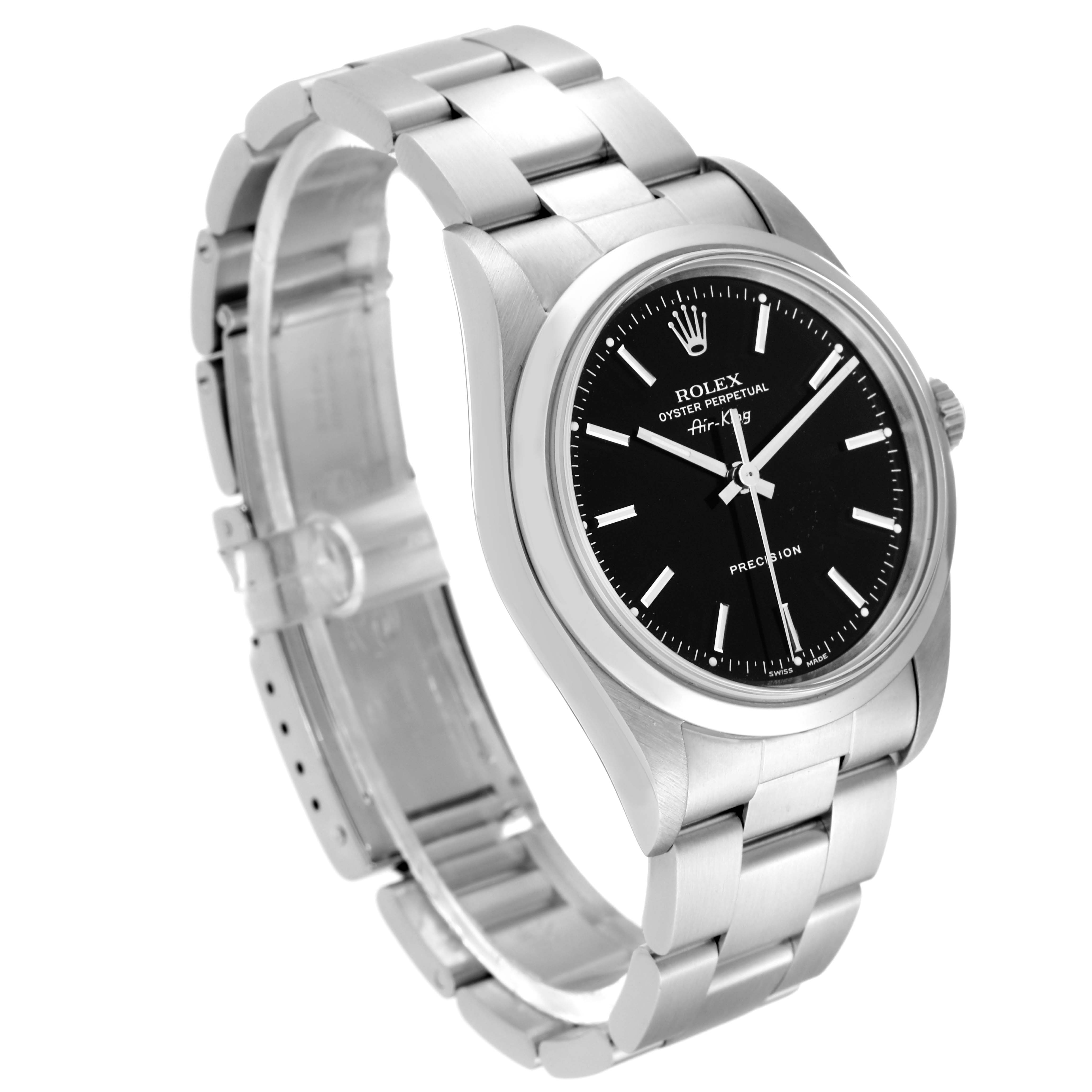 The image shows a Rolex Air-King 14000 Men's Stainless Steel Black Dial 14000 Men's Stainless Steel Black Dial model watch angled to display its black dial, silver hands, and stainless steel bracelet.