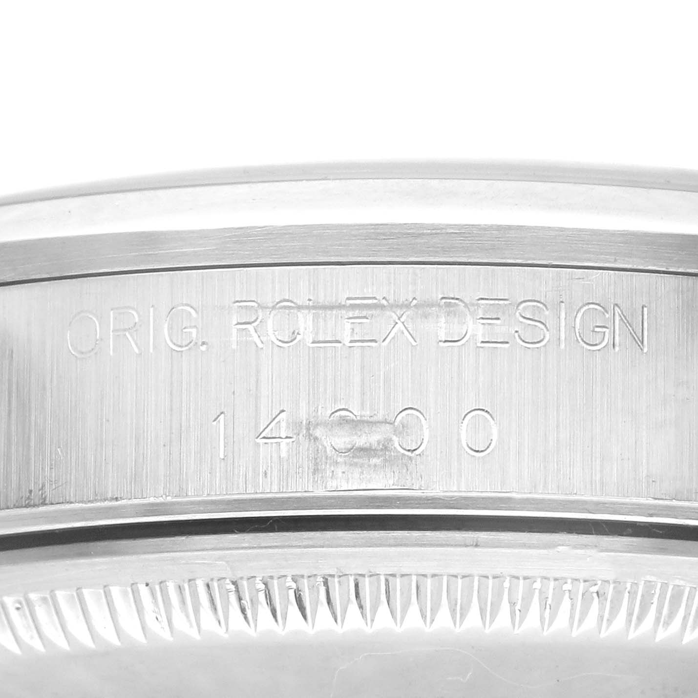 This image shows a close-up of the engraved case side of the Rolex Air-King 14000 Men's Stainless Steel Blue Dial 14000 Men's Stainless Steel Blue Dial watch model.