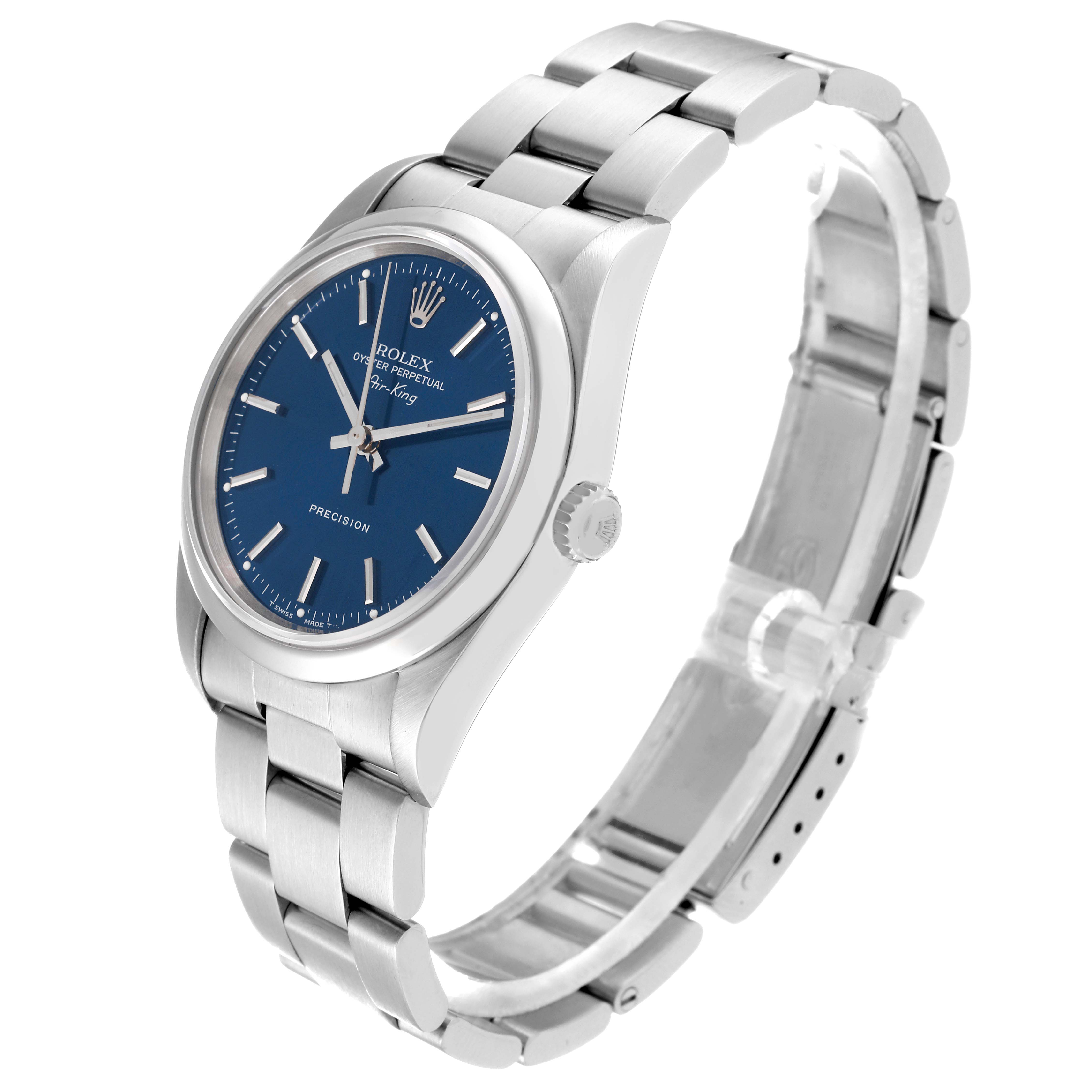 This image shows a side view of a Rolex Air-King 14000 Men's Stainless Steel Blue Dial 14000 Men's Stainless Steel Blue Dial watch, highlighting its stainless steel bracelet and blue dial.