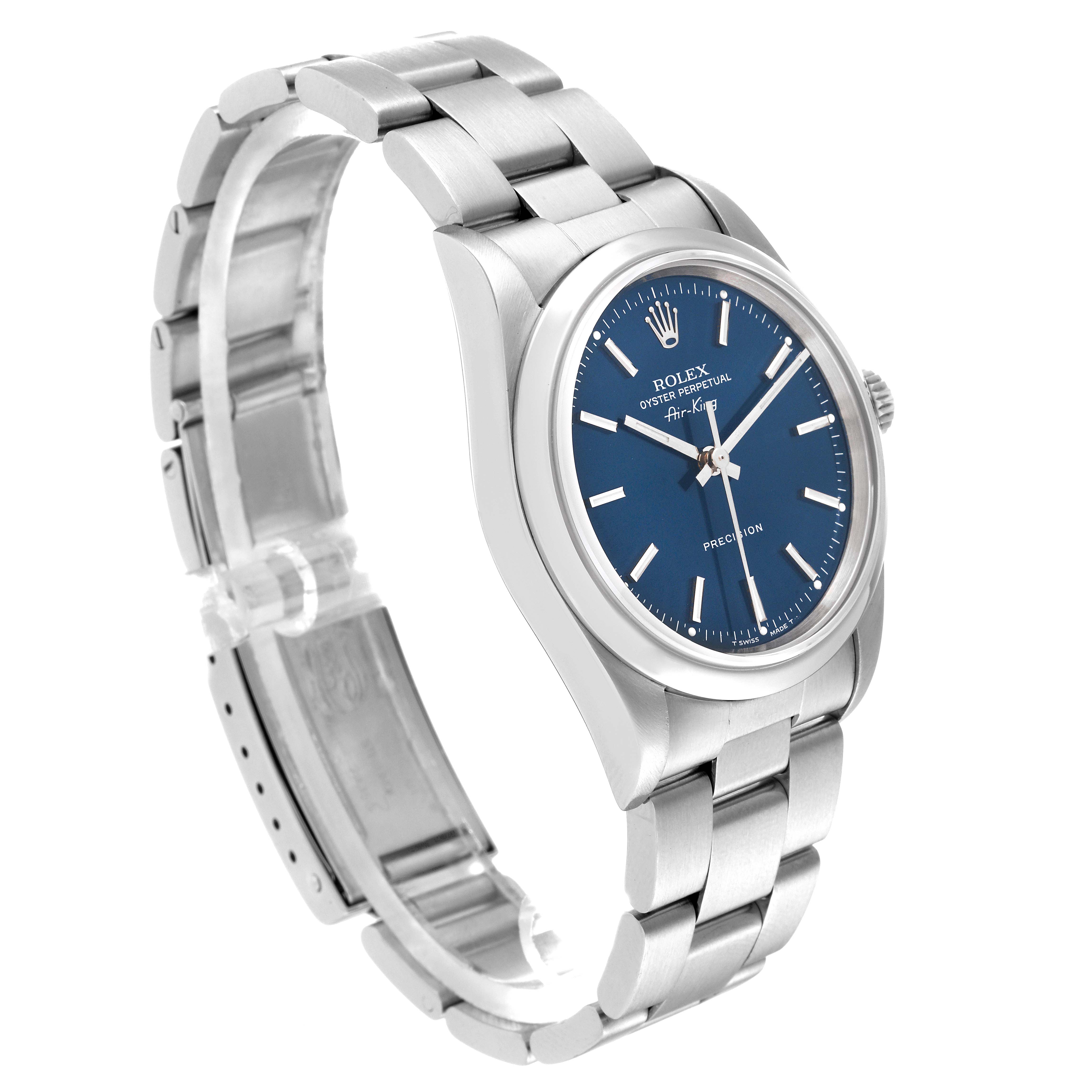 The image shows a side view of the Rolex Air-King 14000 Men's Stainless Steel Blue Dial 14000 Men's Stainless Steel Blue Dial watch, displaying its bracelet, clasp, and blue dial.