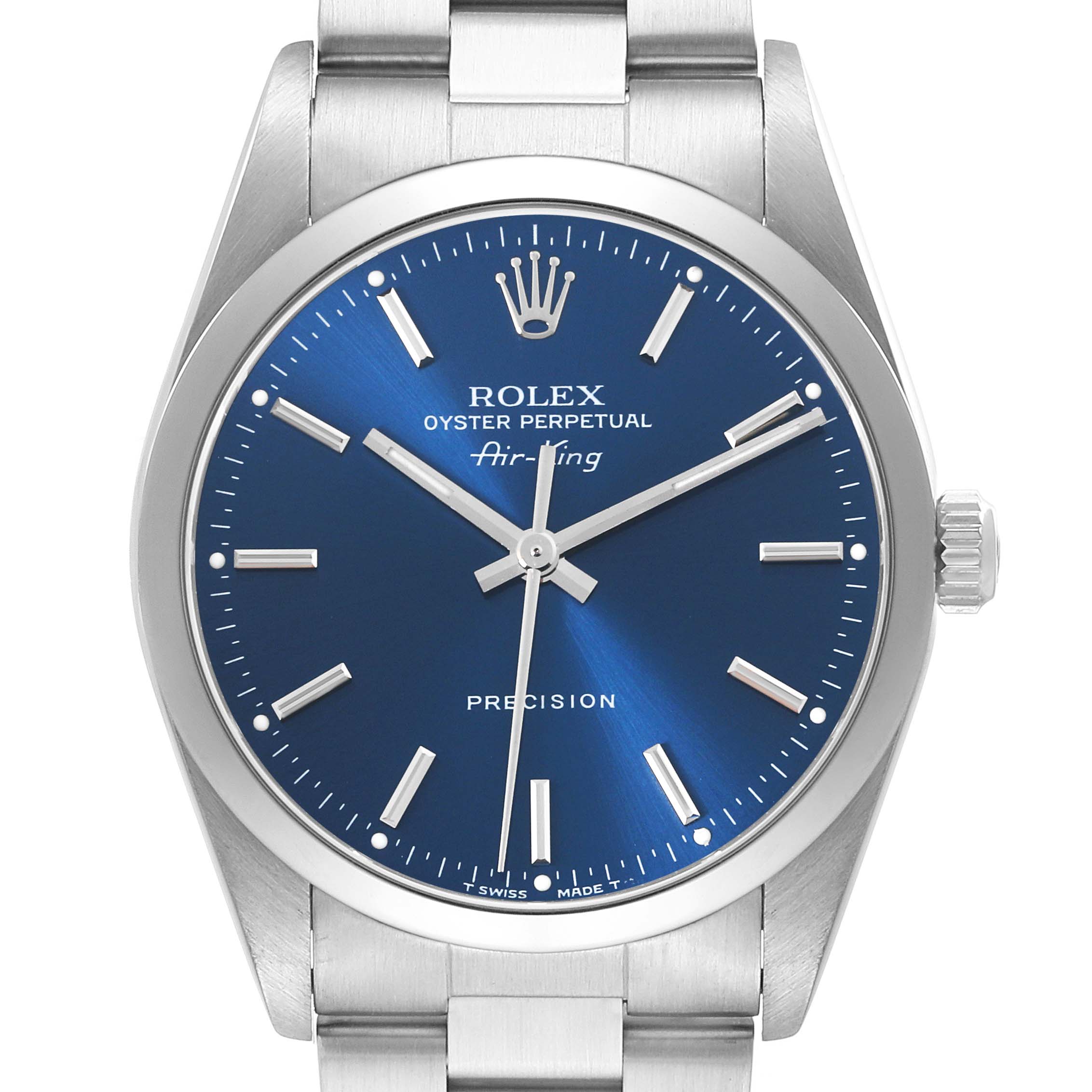 This is a head-on view of the Rolex Air-King 14000 Men's Stainless Steel Blue Dial 14000 Men's Stainless Steel Blue Dial watch showing the face, bezel, crown, and part of the bracelet.