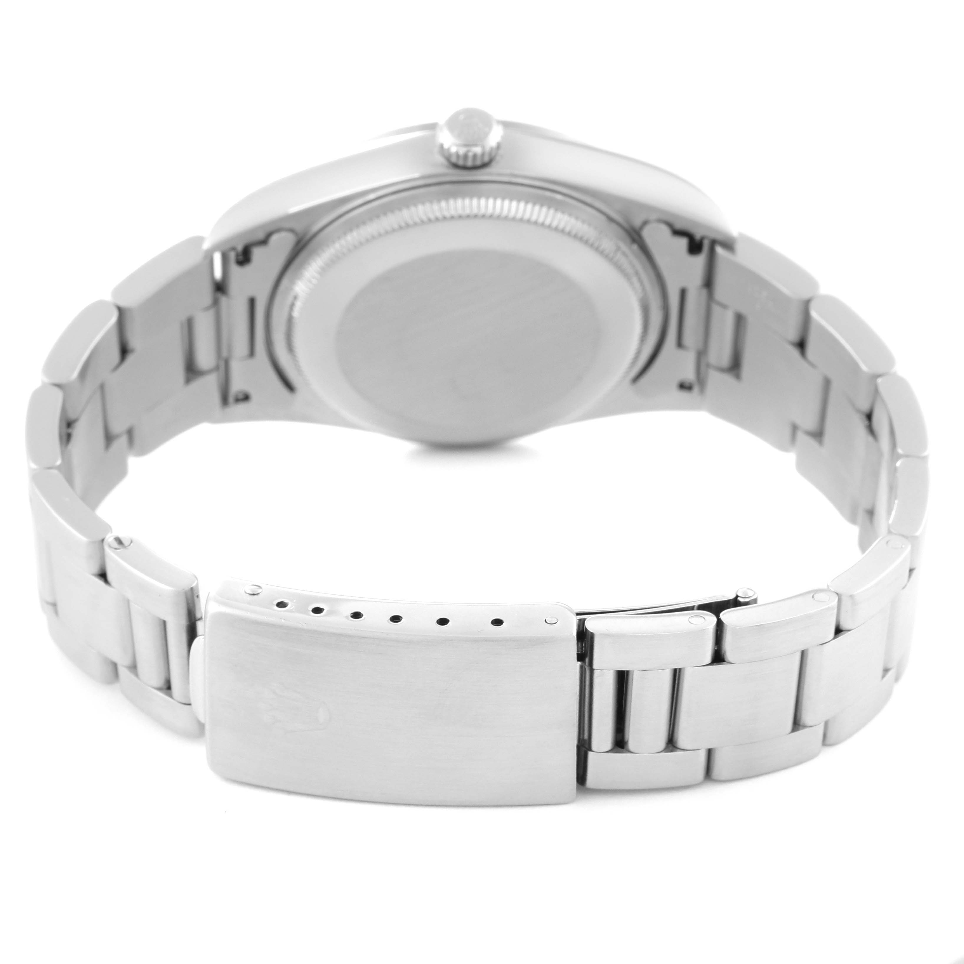 The image shows the back view of a Rolex Air-King 14000 Men's Stainless Steel Blue Dial 14000 Men's Stainless Steel Blue Dial watch, highlighting the clasp, bracelet, and case back.