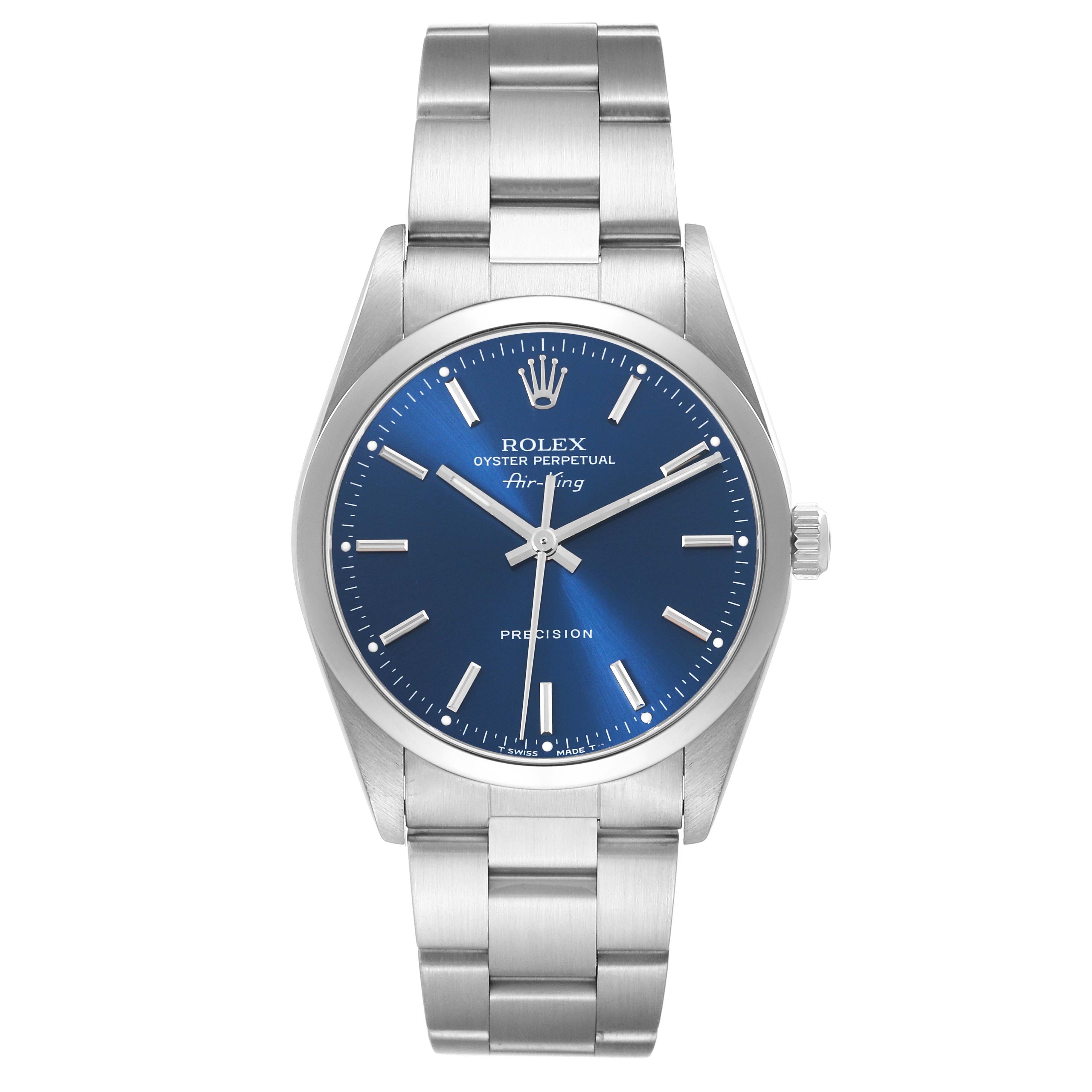 The image shows a front view of the Rolex Air-King 14000 Men's Stainless Steel Blue Dial 14000 Men's Stainless Steel Blue Dial watch, highlighting its blue dial, silver hands, and metal bracelet.