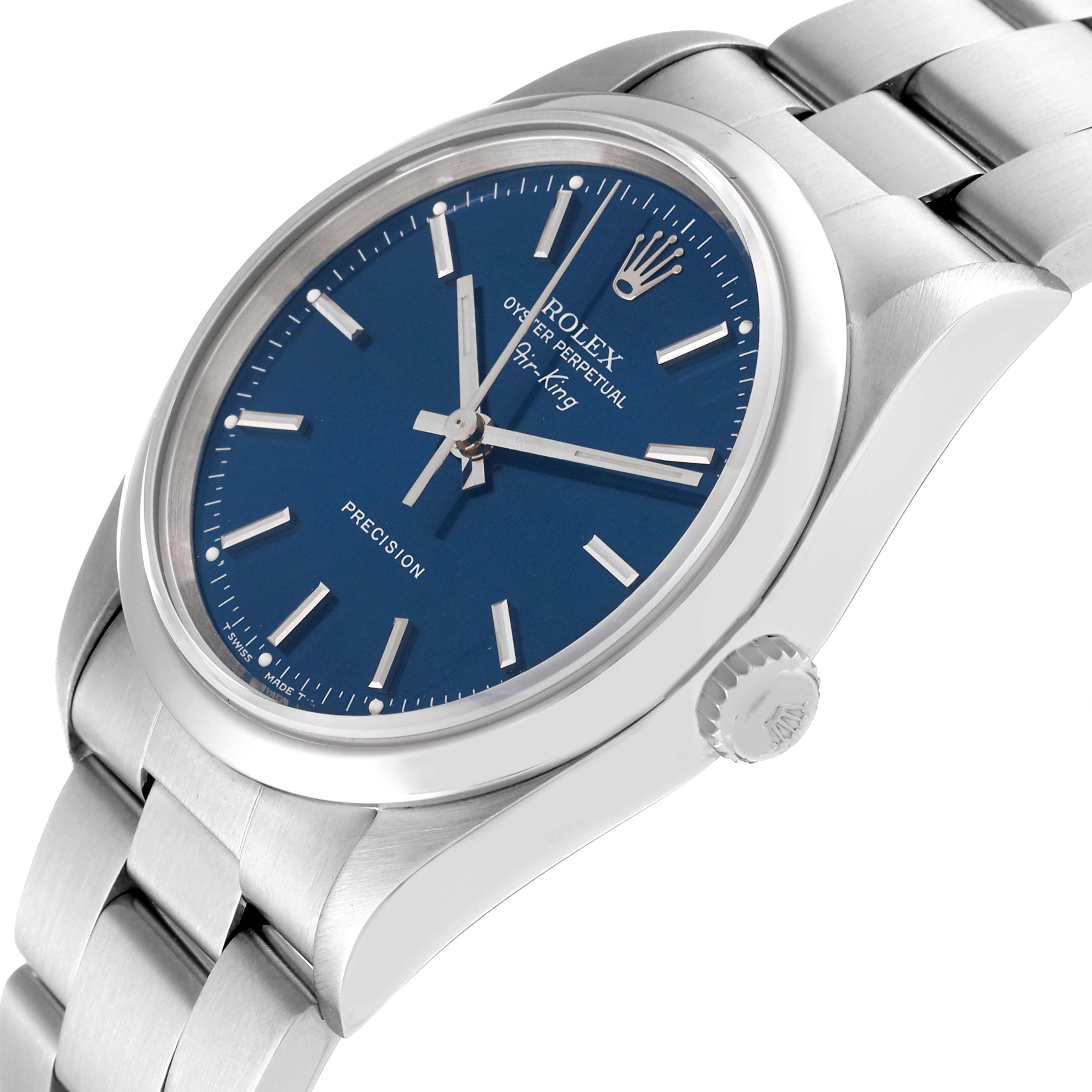 The image shows the Rolex Air-King 14000 Men's Stainless Steel Blue Dial 14000 Men's Stainless Steel Blue Dial watch at an angled side view, highlighting its dial, bezel, crown, and bracelet.