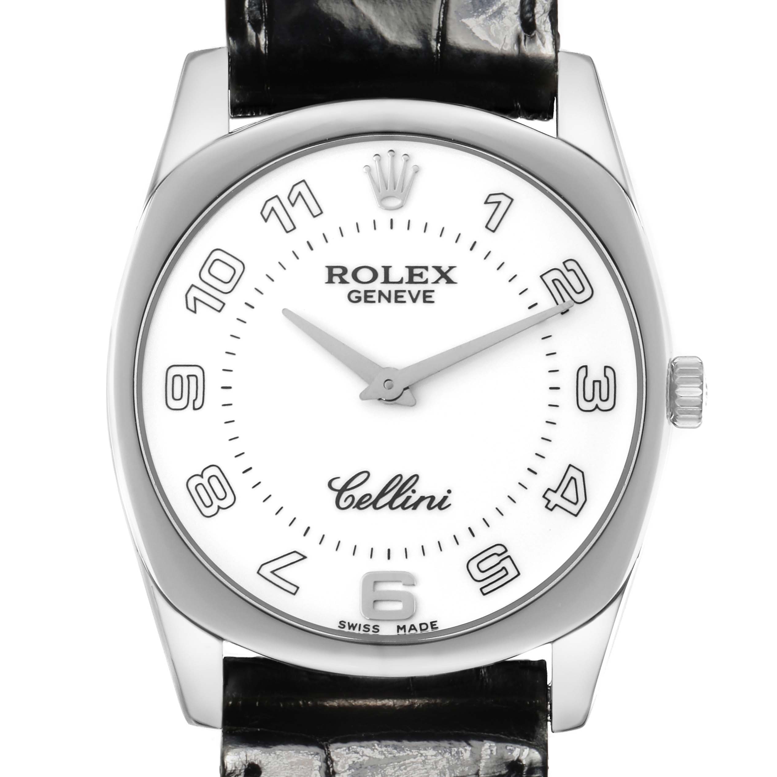 The image shows a front view of the Rolex Cellini 4233 Men's White Gold White Dial watch, highlighting its face, bezel, crown, and part of the strap.
