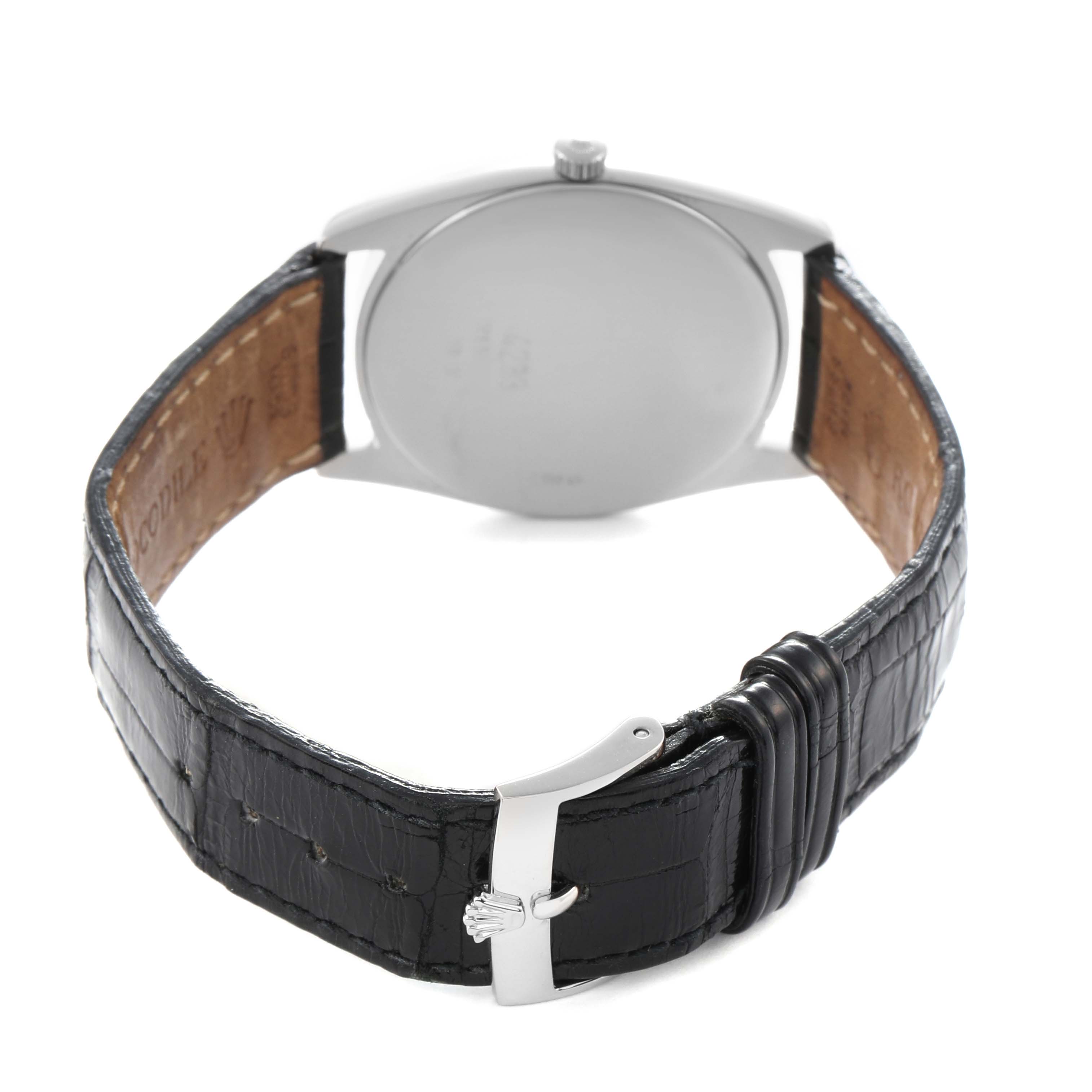 The image shows the back view of a Rolex Cellini 4233 Men's White Gold White Dial watch, displaying the caseback and black leather strap with buckle.