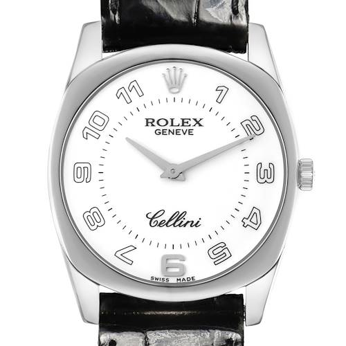 The Rolex Cellini 4233 Men's White Gold White Dial watch is shown from a front angle, displaying the dial, hour markers, hands, and crown.