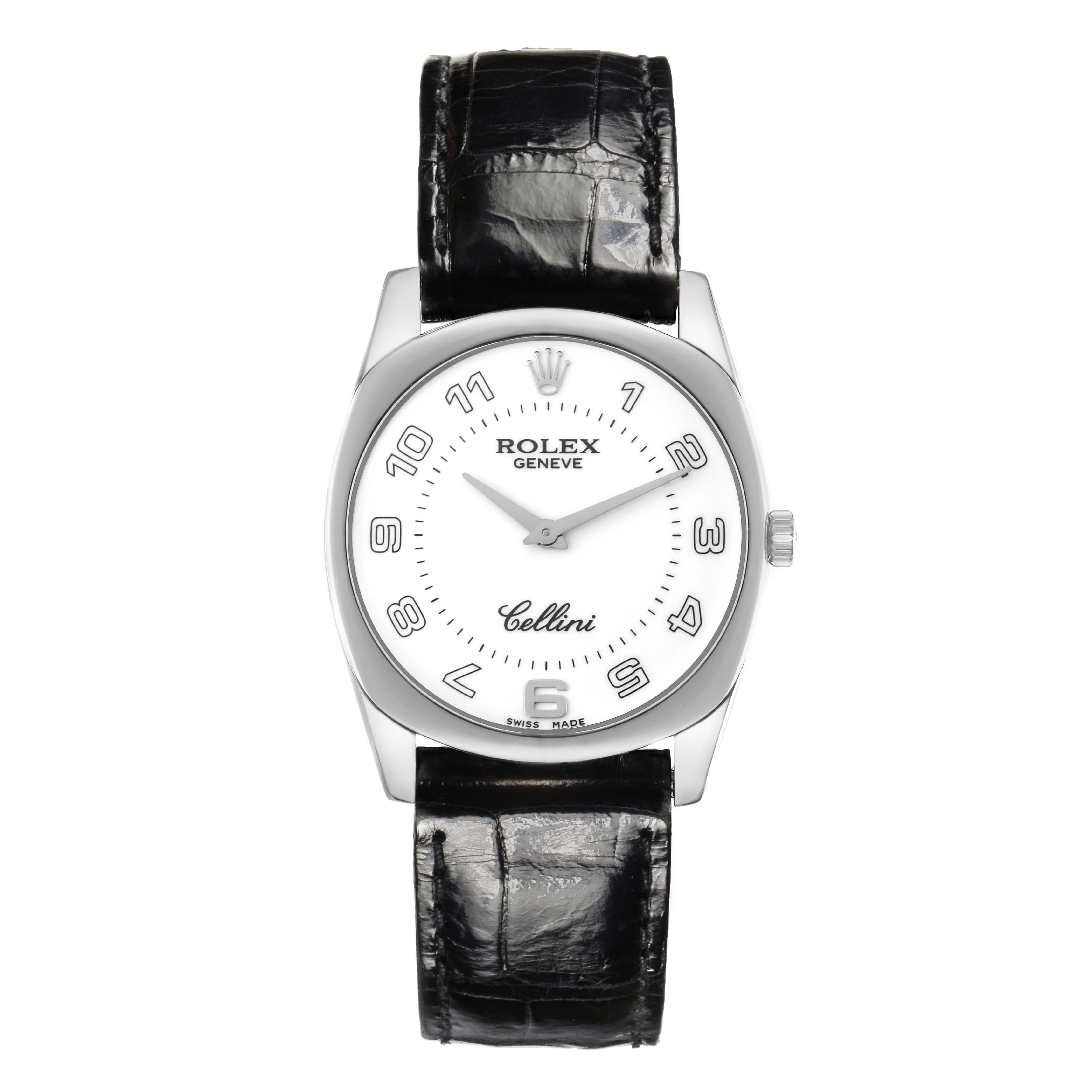 The Rolex Cellini 4233 Men's White Gold White Dial watch is shown from a front angle, highlighting the face, bezel, and strap.