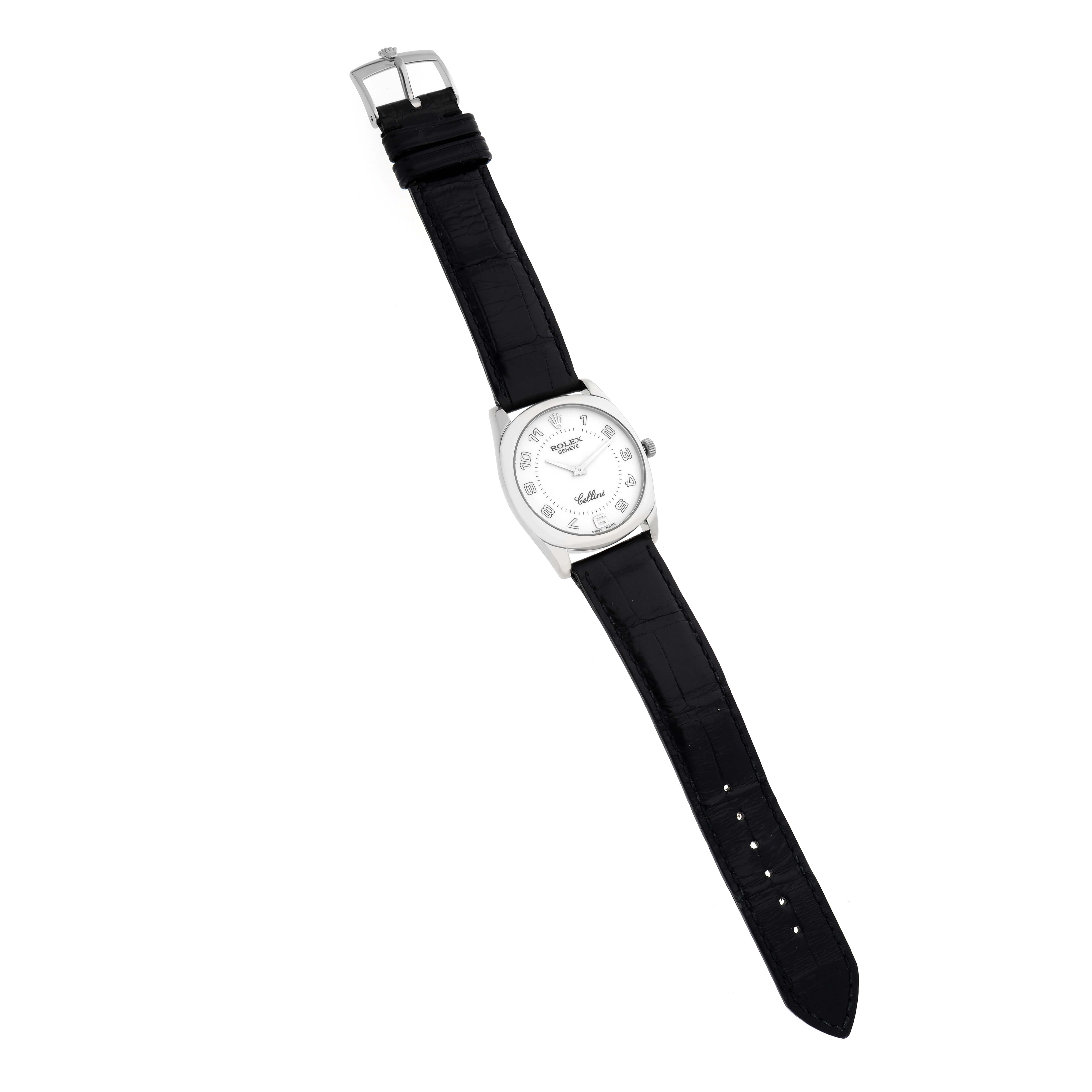 The Rolex Cellini 4233 Men's White Gold White Dial watch is shown from an angled top view, displaying the watch face, case, and black leather strap.