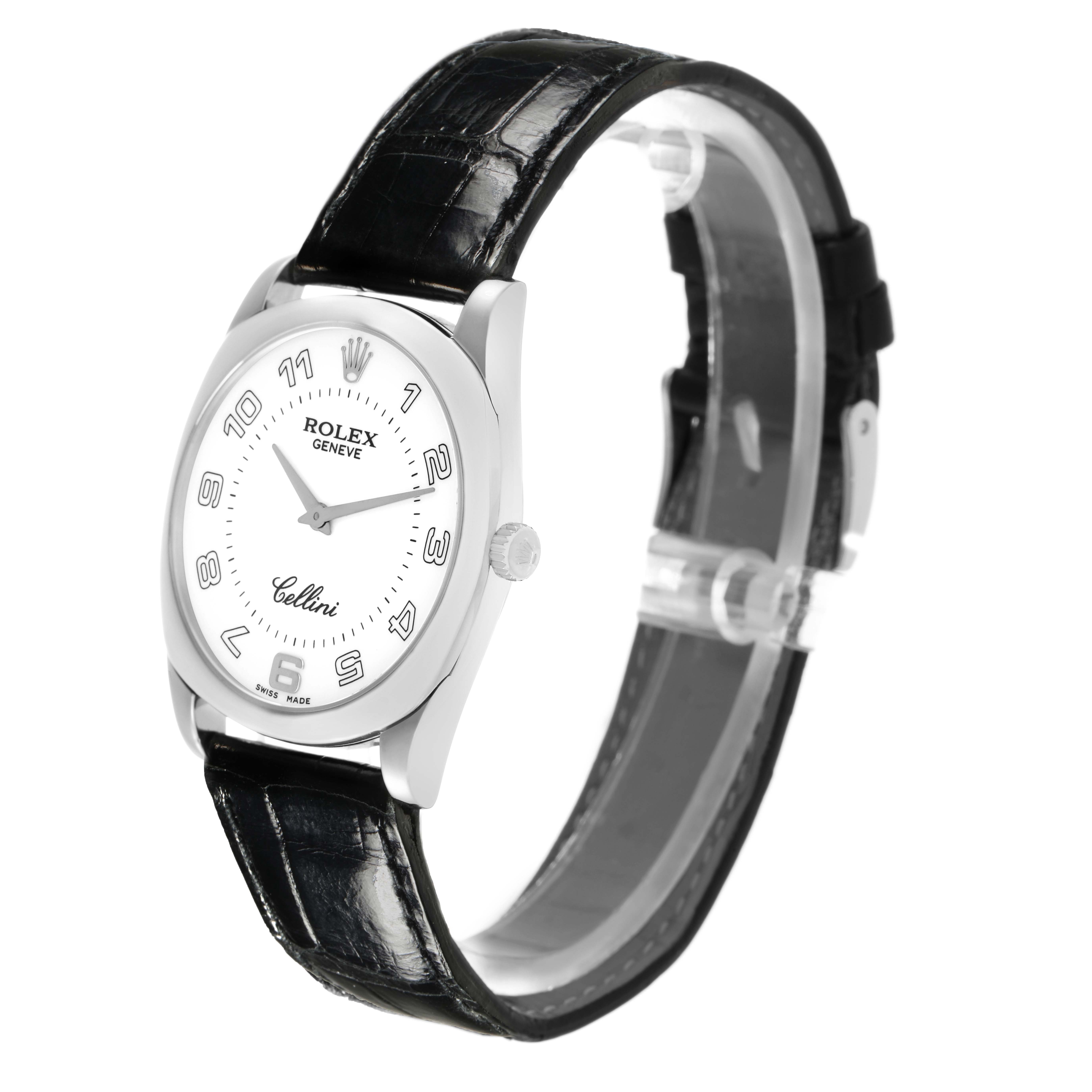 The Rolex Cellini 4233 Men's White Gold White Dial watch is shown at a side angle, displaying the dial, case, crown, and leather strap.