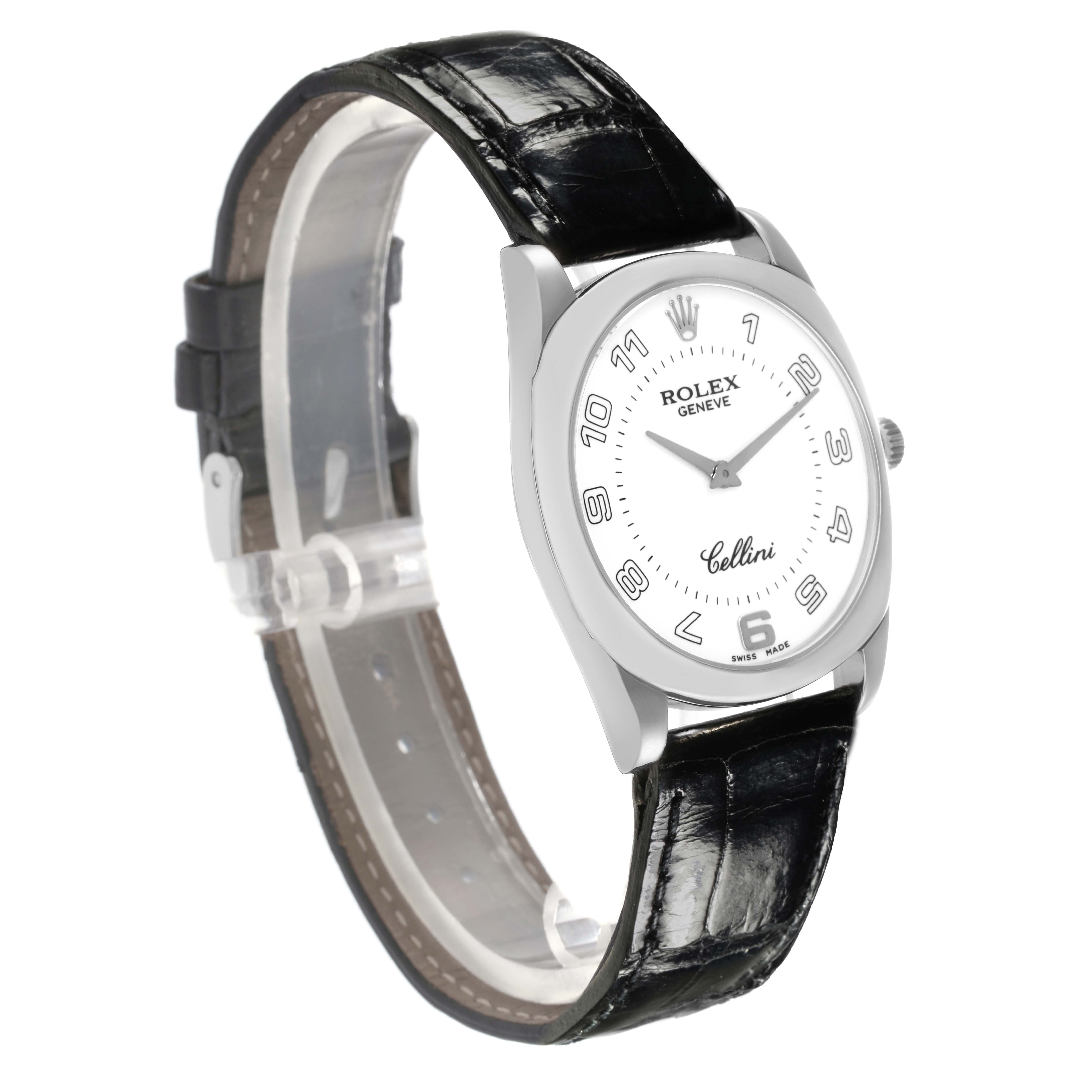 The Rolex Cellini 4233 Men's White Gold White Dial watch is shown at a side angle, highlighting the face, casing, and black leather strap.
