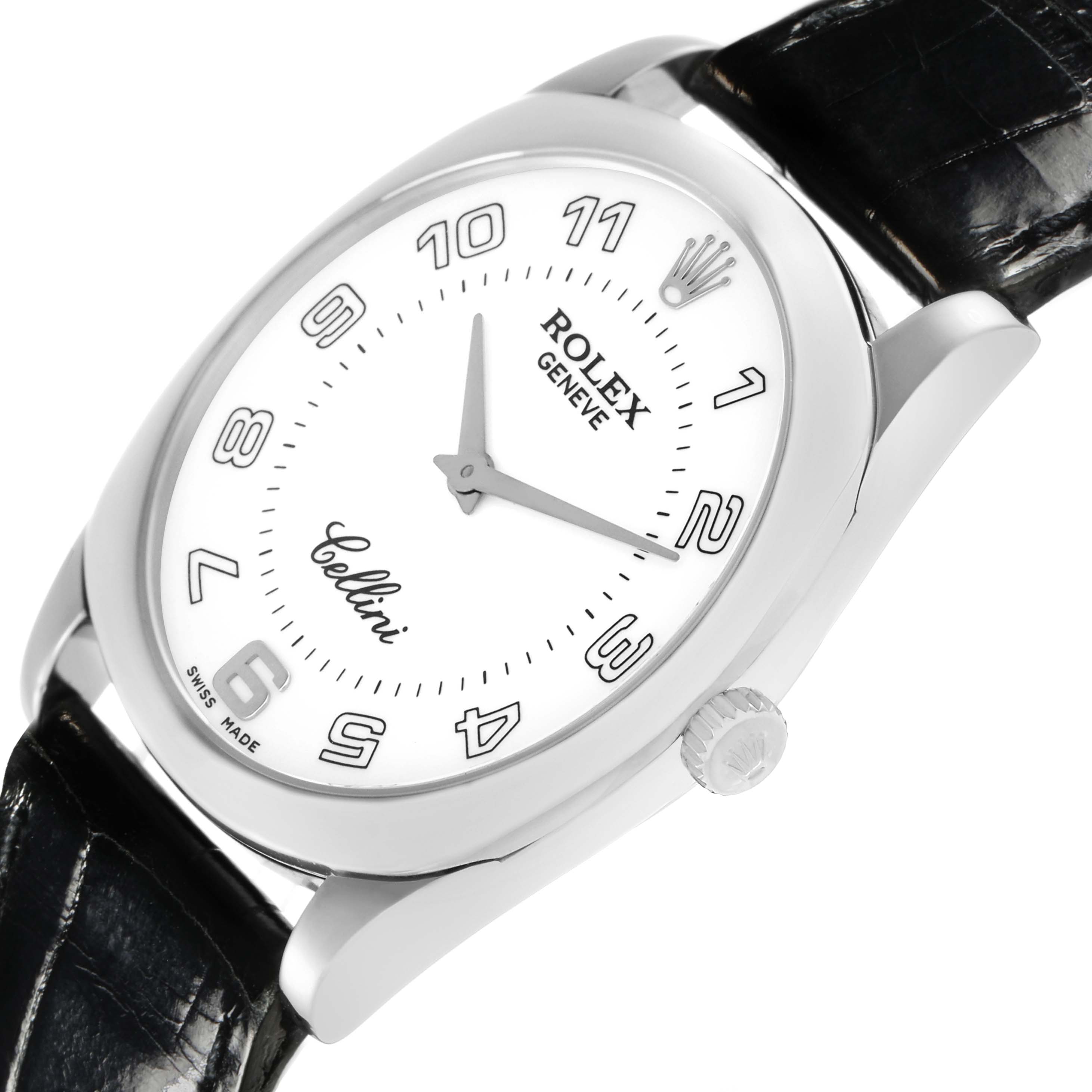 The image shows a Rolex Cellini 4233 Men's White Gold White Dial watch from an angled perspective, highlighting the face, crown, case, and leather strap.
