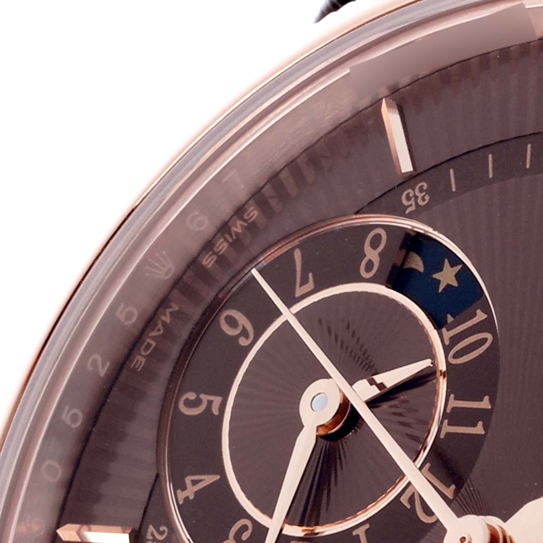 The image shows a close-up of the Rolex Cellini 50525 Men's Rose Gold Brown Dial watch face, emphasizing its hands and subdial.